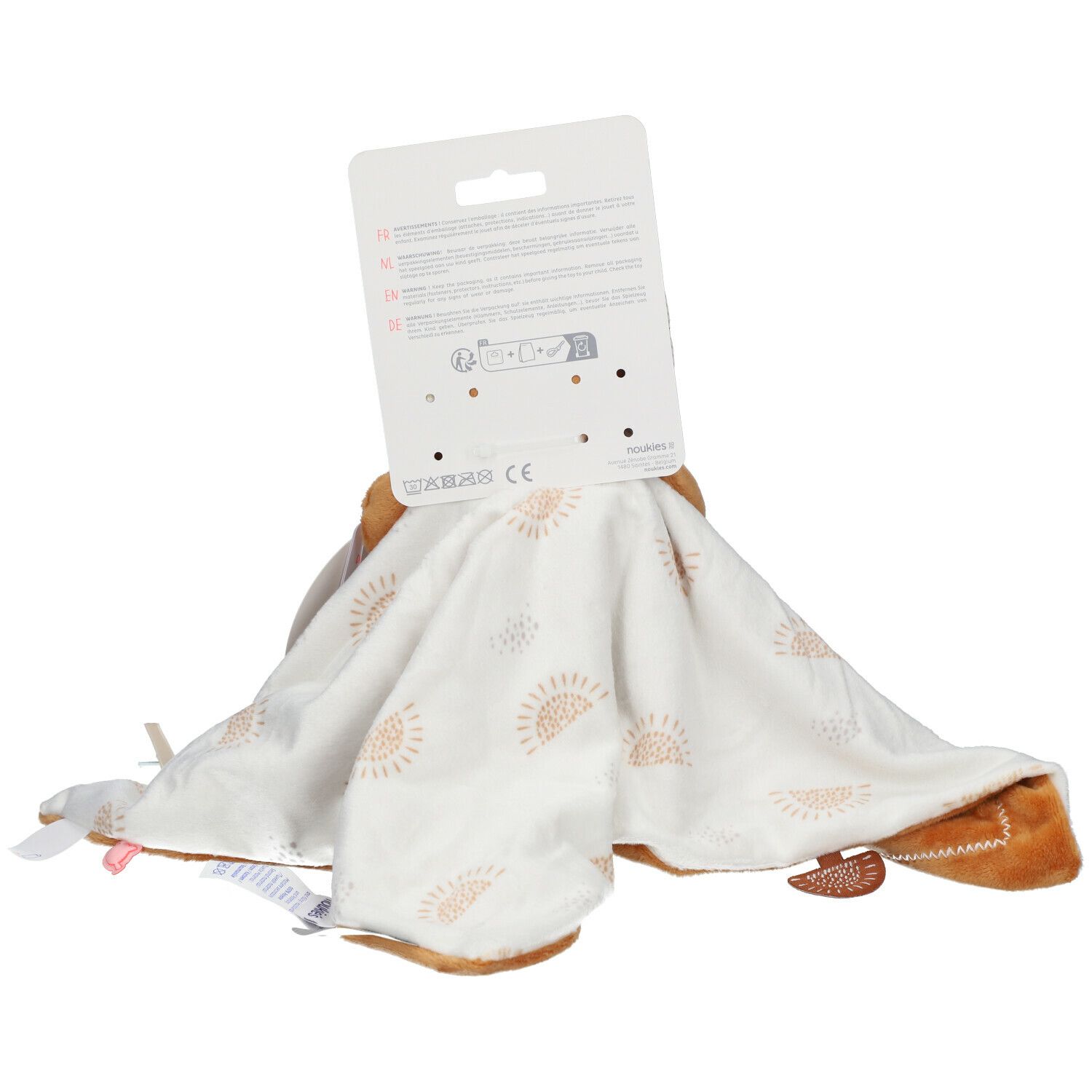Dos du doudou avec tête de lion. Tissu beige à motifs soleil. Marque : Noukie's.