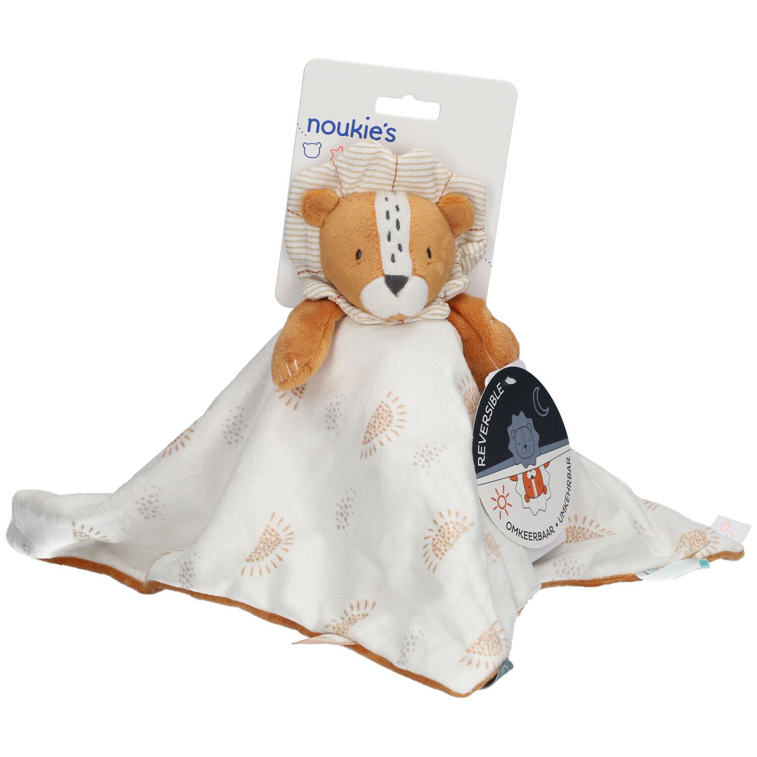 Doudou réversible avec tête de lion. Tissu beige à motifs soleil. Marque : Noukie's.