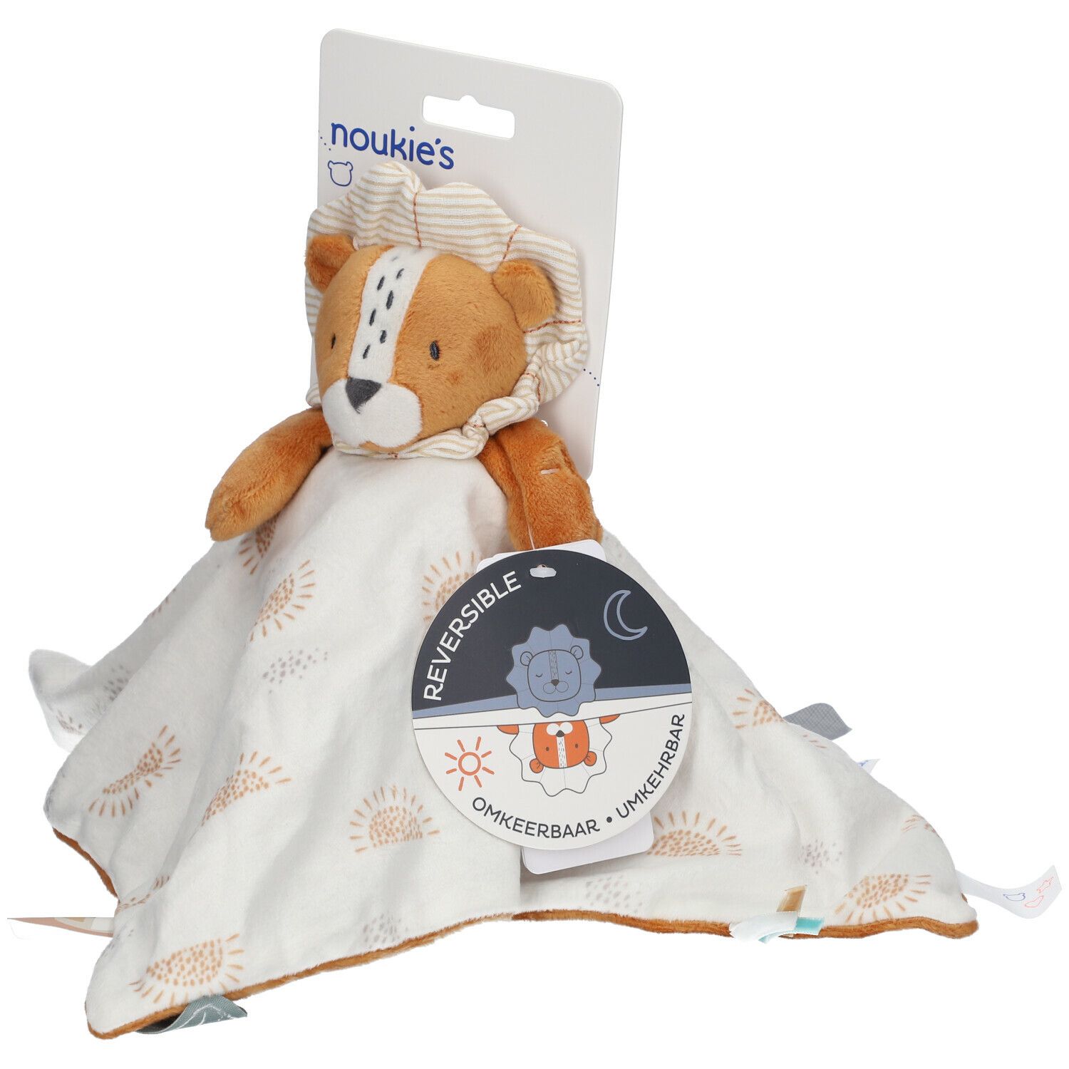 Doudou réversible avec tête de lion. Tissu beige à motifs soleil. Marque : Noukie's.