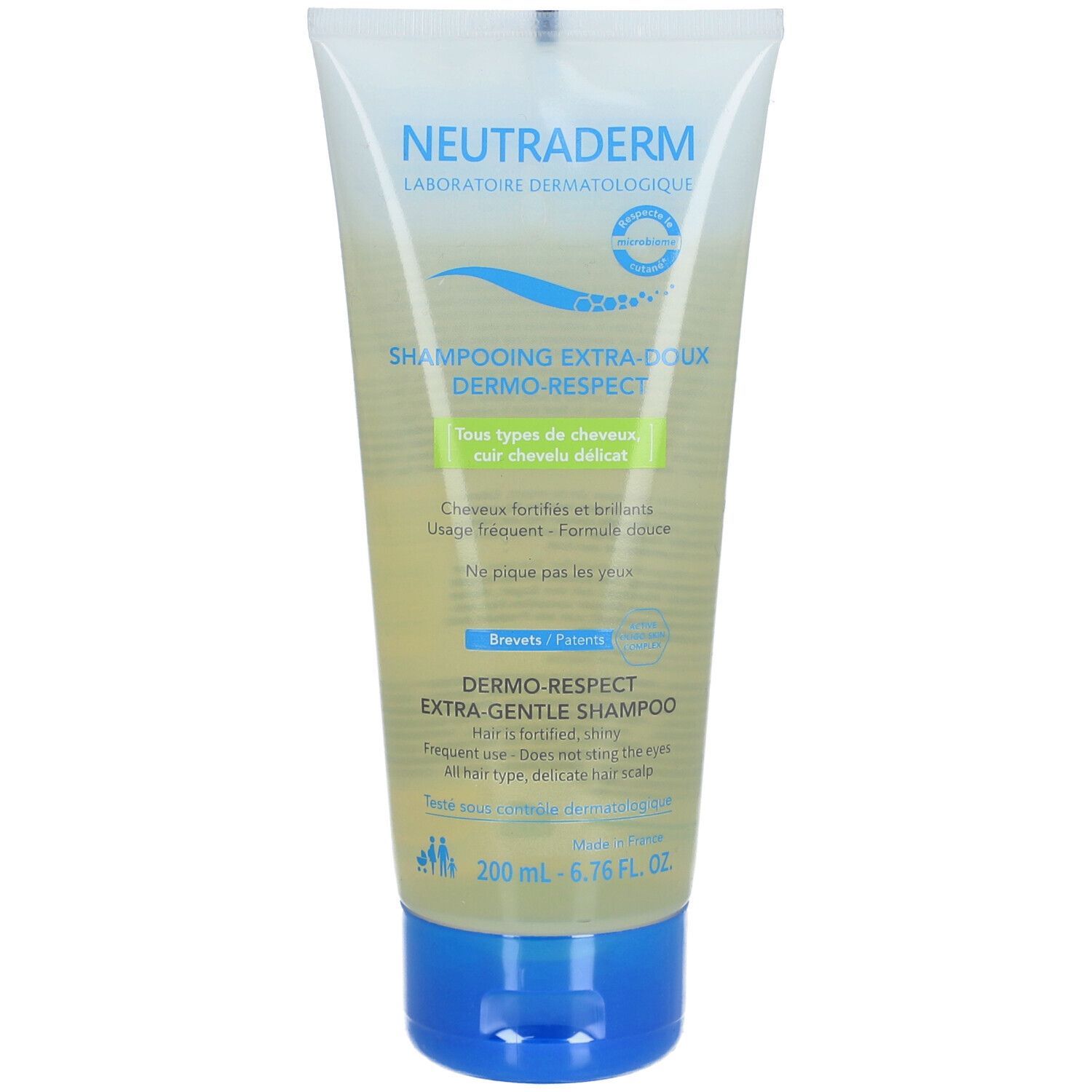 Neutraderm Shampooing Extra-Doux Dermo-Respect. Tube mit blauem Verschluss. Text und Logo. 200 ml.