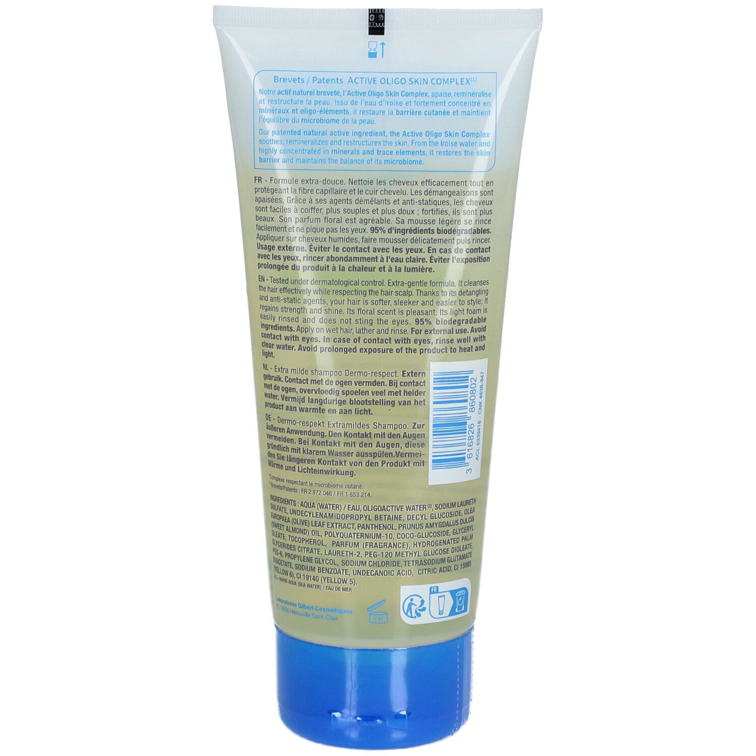 Rückseite der Neutraderm Shampooing Extra-Doux Dermo-Respect Tube. Text in mehreren Sprachen.