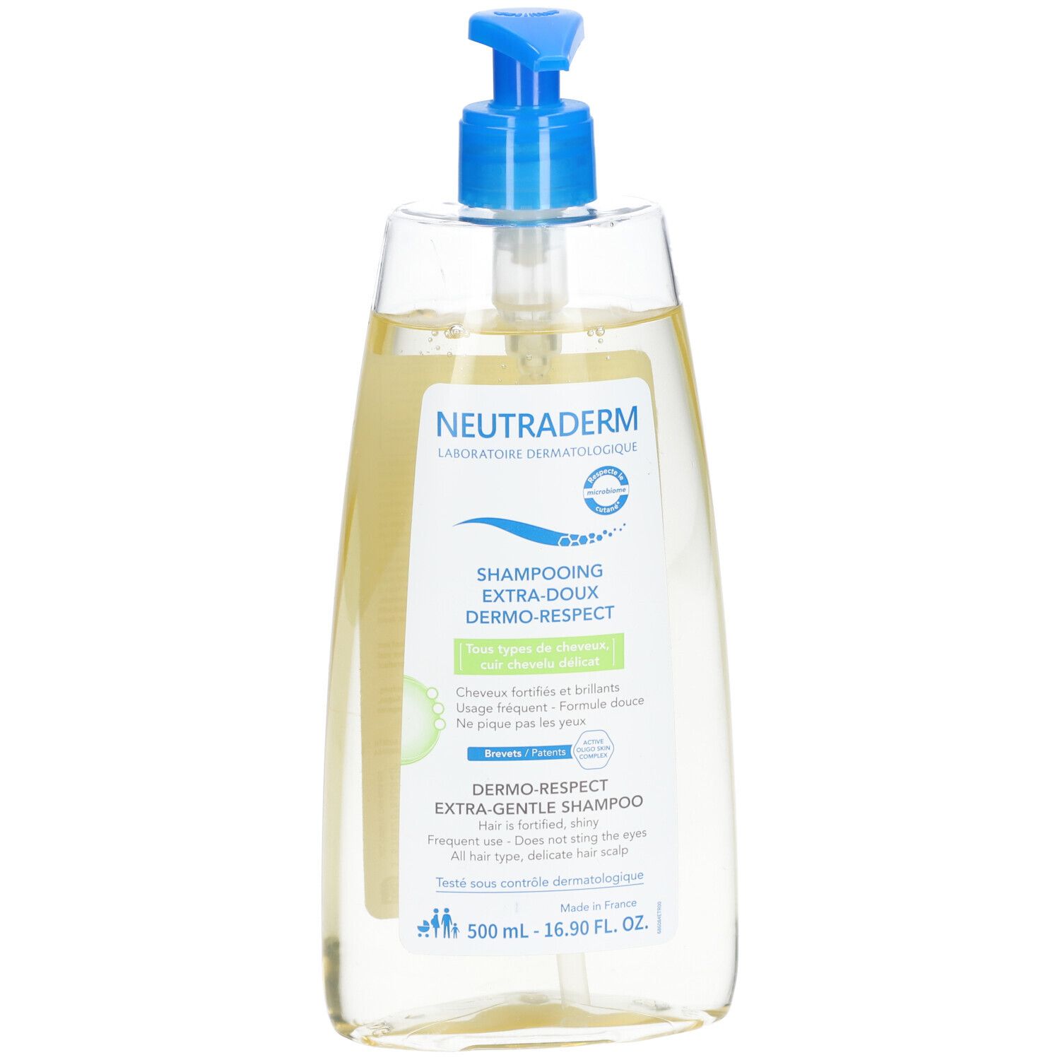 Neutraderm Shampooing Extra-doux Dermo-respect. Transparente Flasche mit blauem Pumpkopf. Etikett mit Produktinformationen.