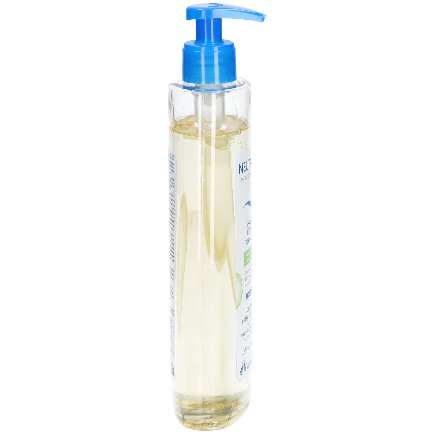 Neutraderm Shampooing Extra-doux Dermo-respect Flasche. Transparente Flasche mit blauem Pumpkopf.