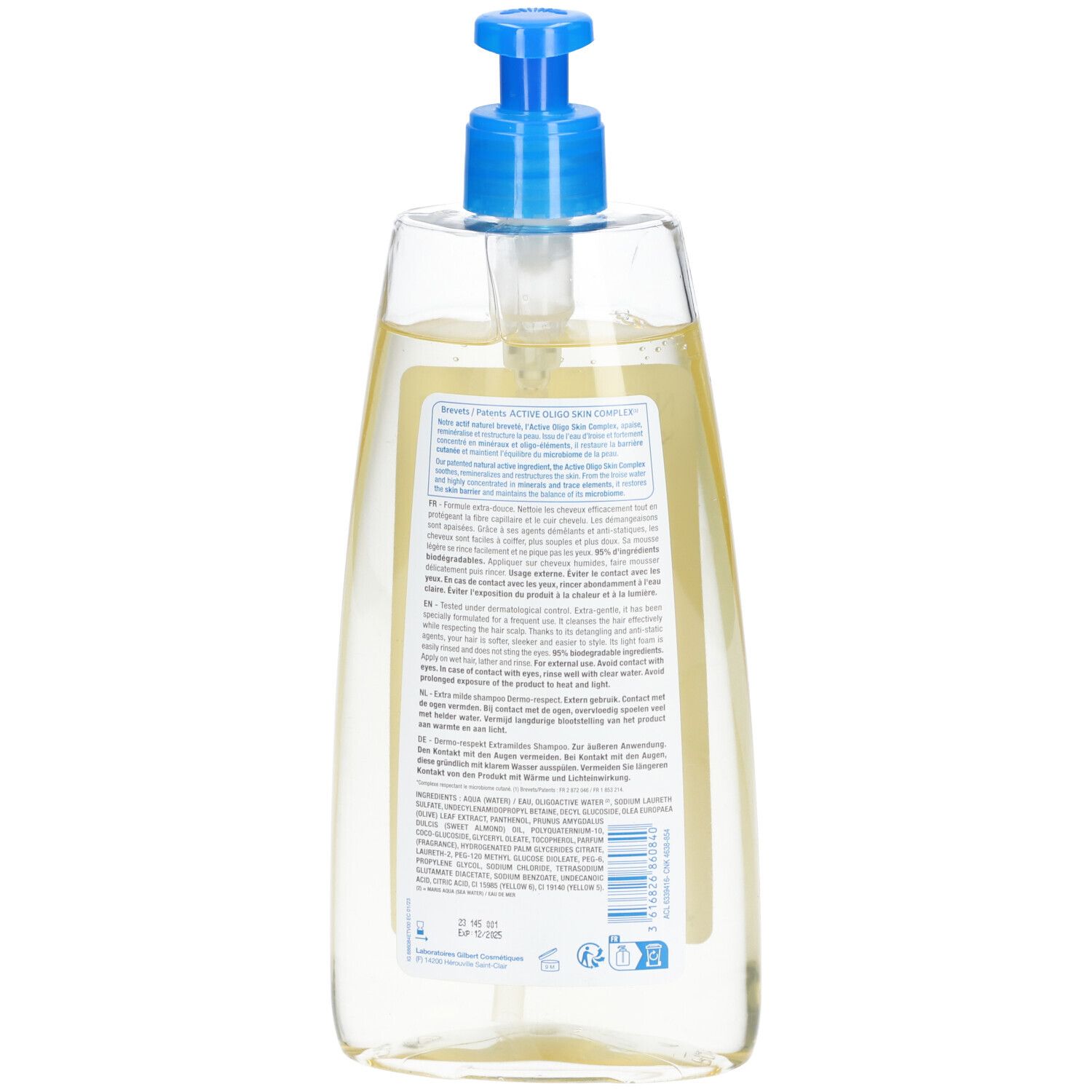 Rückseite der Neutraderm Shampooing Extra-doux Dermo-respect Flasche. Textinformationen auf Etikett.