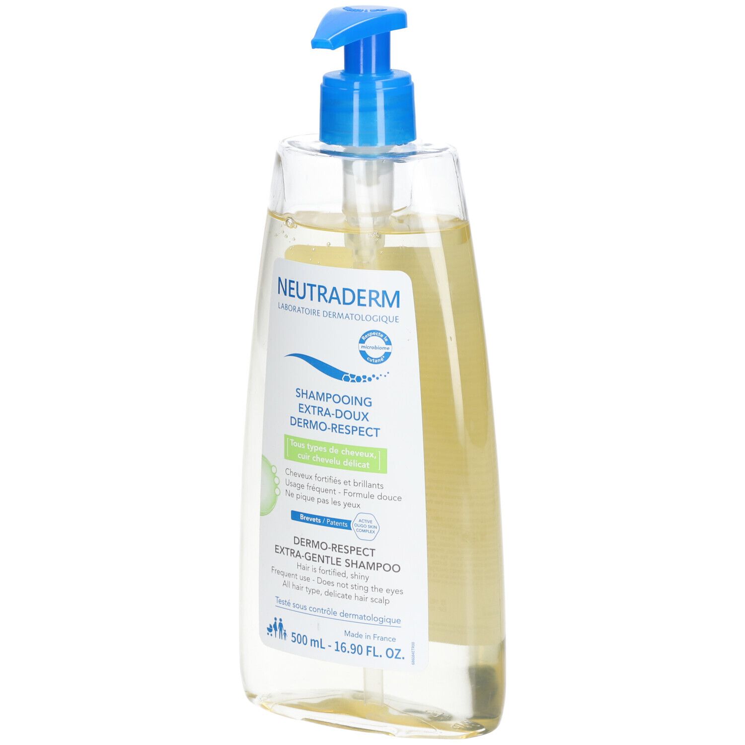 Neutraderm Shampooing Extra-doux Dermo-respect. Transparente Flasche mit blauem Pumpkopf. Etikett mit Produktinformationen.