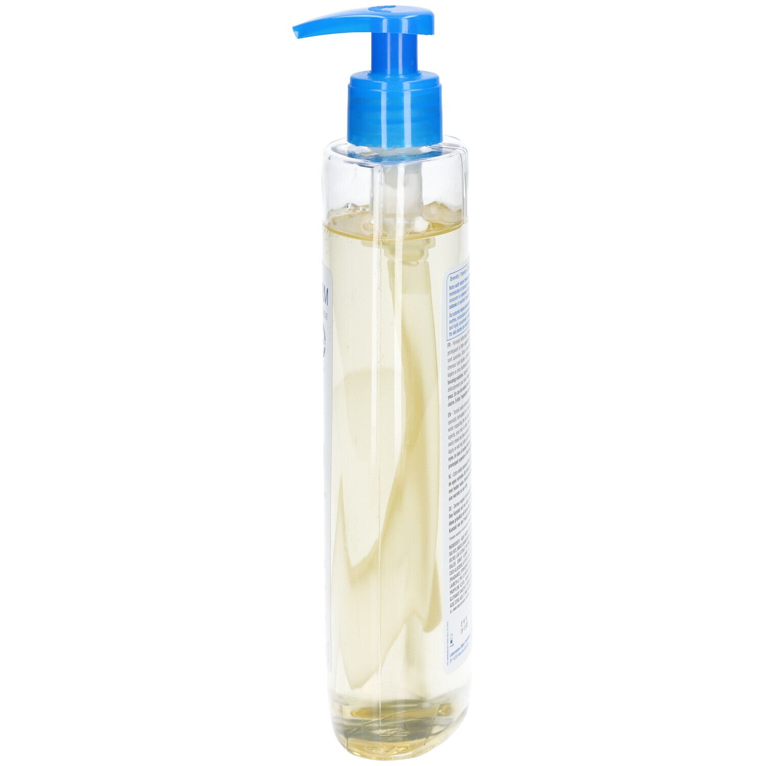 Neutraderm Shampooing Extra-doux Dermo-respect Flasche. Transparente Flasche mit blauem Pumpkopf.