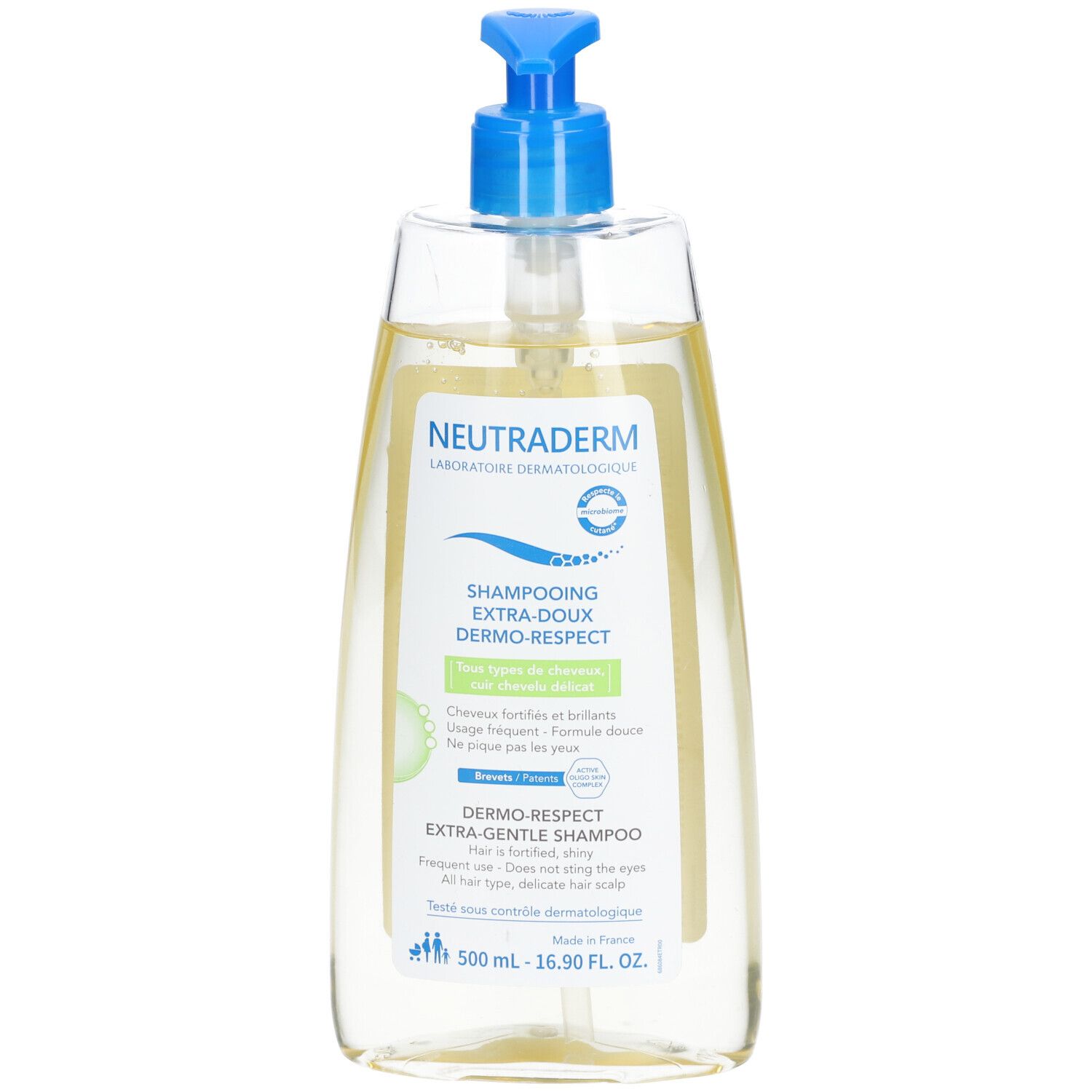 Neutraderm Shampooing Extra-doux Dermo-respect. Transparente Flasche mit blauem Pumpkopf. Etikett mit Produktinformationen.
