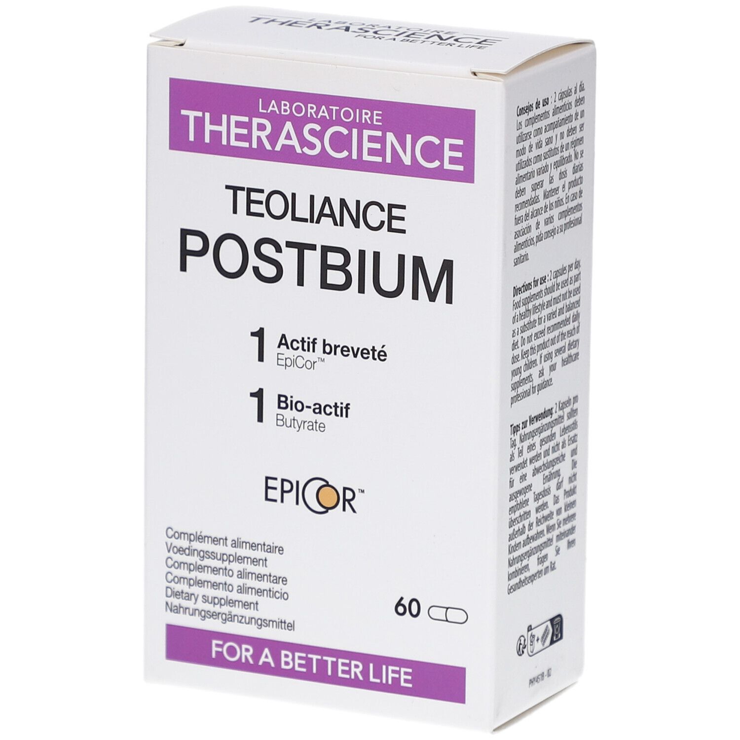 Weißer Karton mit lila Akzenten. Aufschrift: Teoliance Postbium, 60 Kapseln. Marke: Therascience.