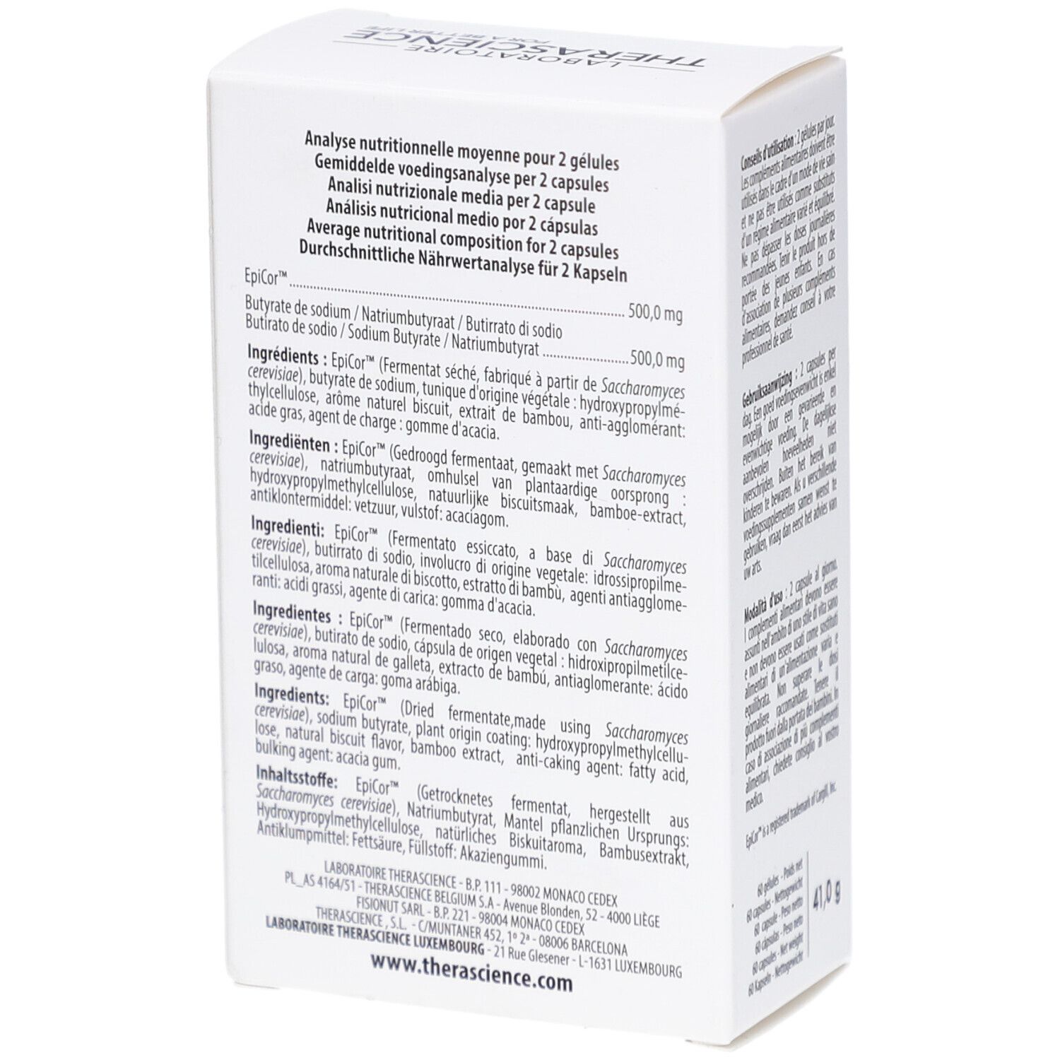 Rückseite des weißen Kartons. Text in mehreren Sprachen. Nährwertangaben. Marke: Therascience. Website-Adresse.