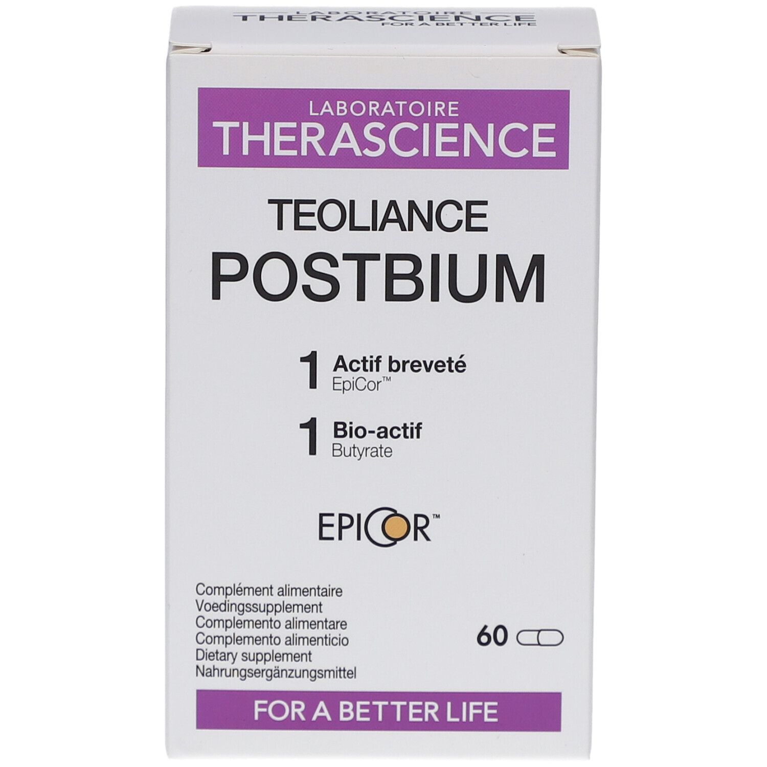 Weißer Karton mit lila Akzenten. Aufschrift: Teoliance Postbium, 60 Kapseln. Marke: Therascience.