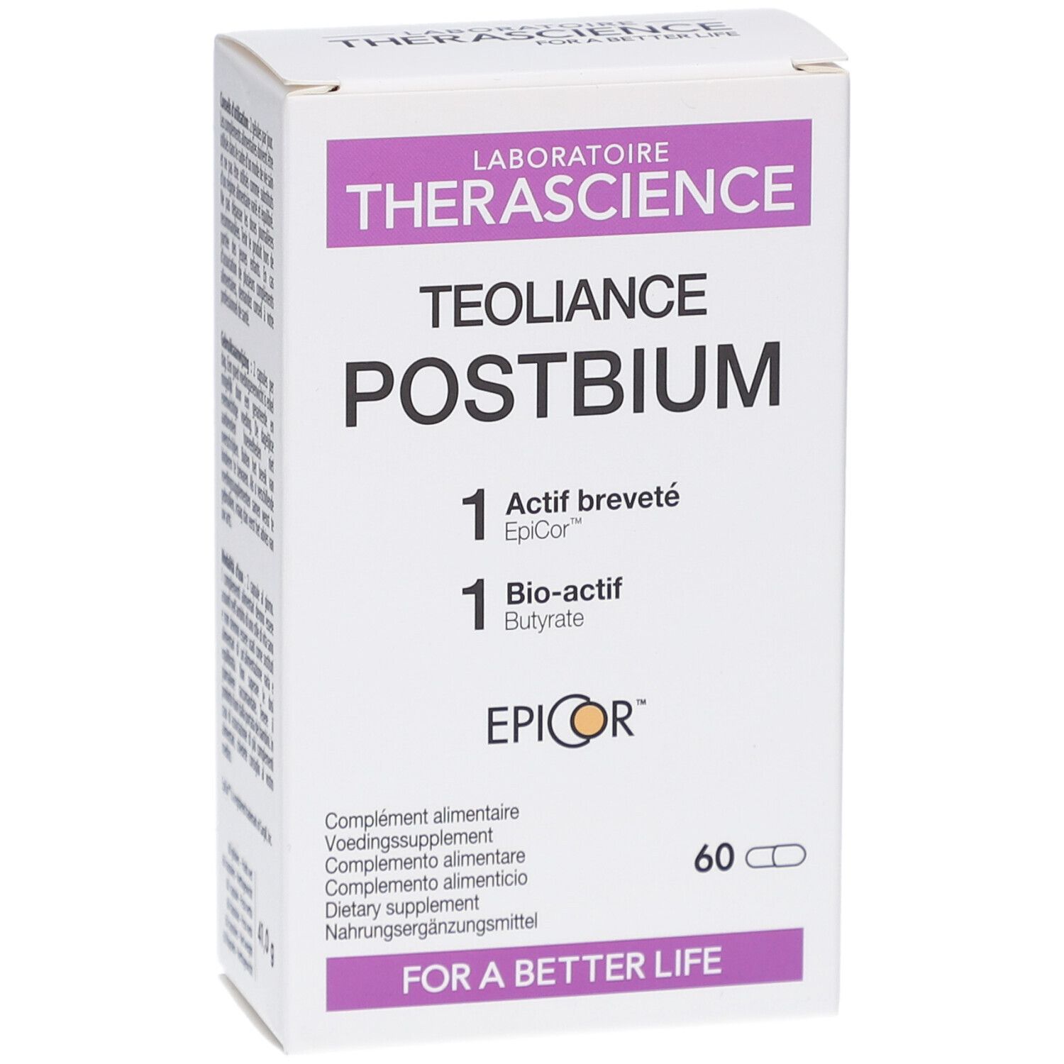 Weißer Karton mit lila Akzenten. Aufschrift: Teoliance Postbium, 60 Kapseln. Marke: Therascience.