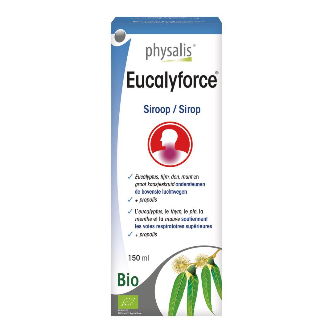 Kartonnen verpakking met "Eucalyforce" logo. 150 ml, bio-certificering. Illustratie van eucalyptus.