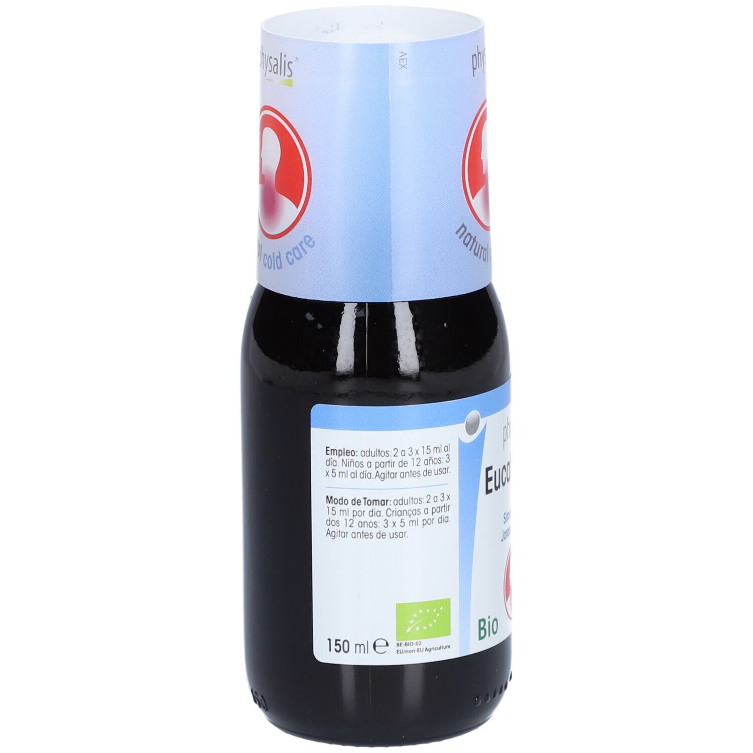 Bruine fles met witte dop. Etiket met "physalis Eucalyforce". 150 ml, bio-certificering.