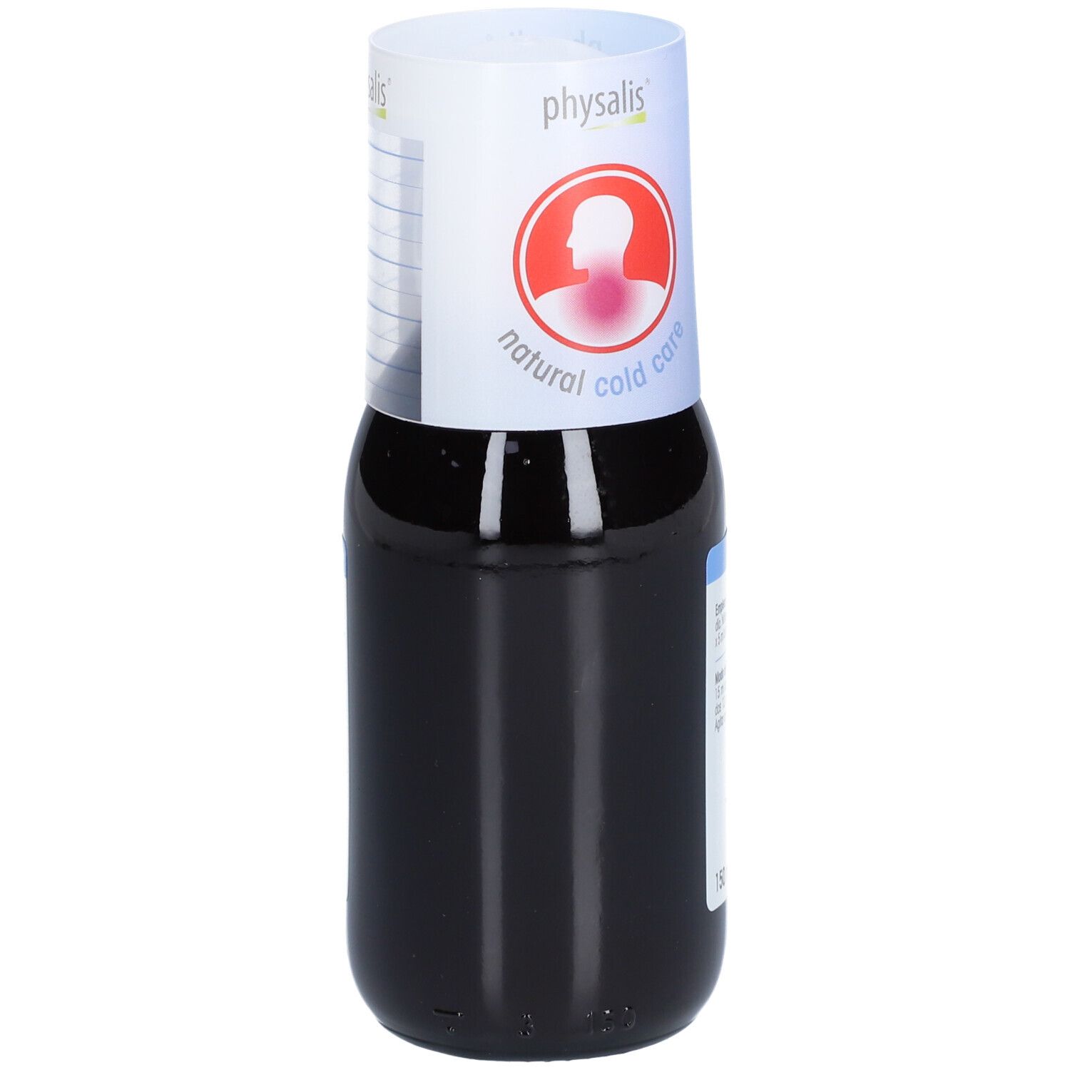 Bruine fles met witte dop. Etiket met "physalis Eucalyforce". Bio-certificering.