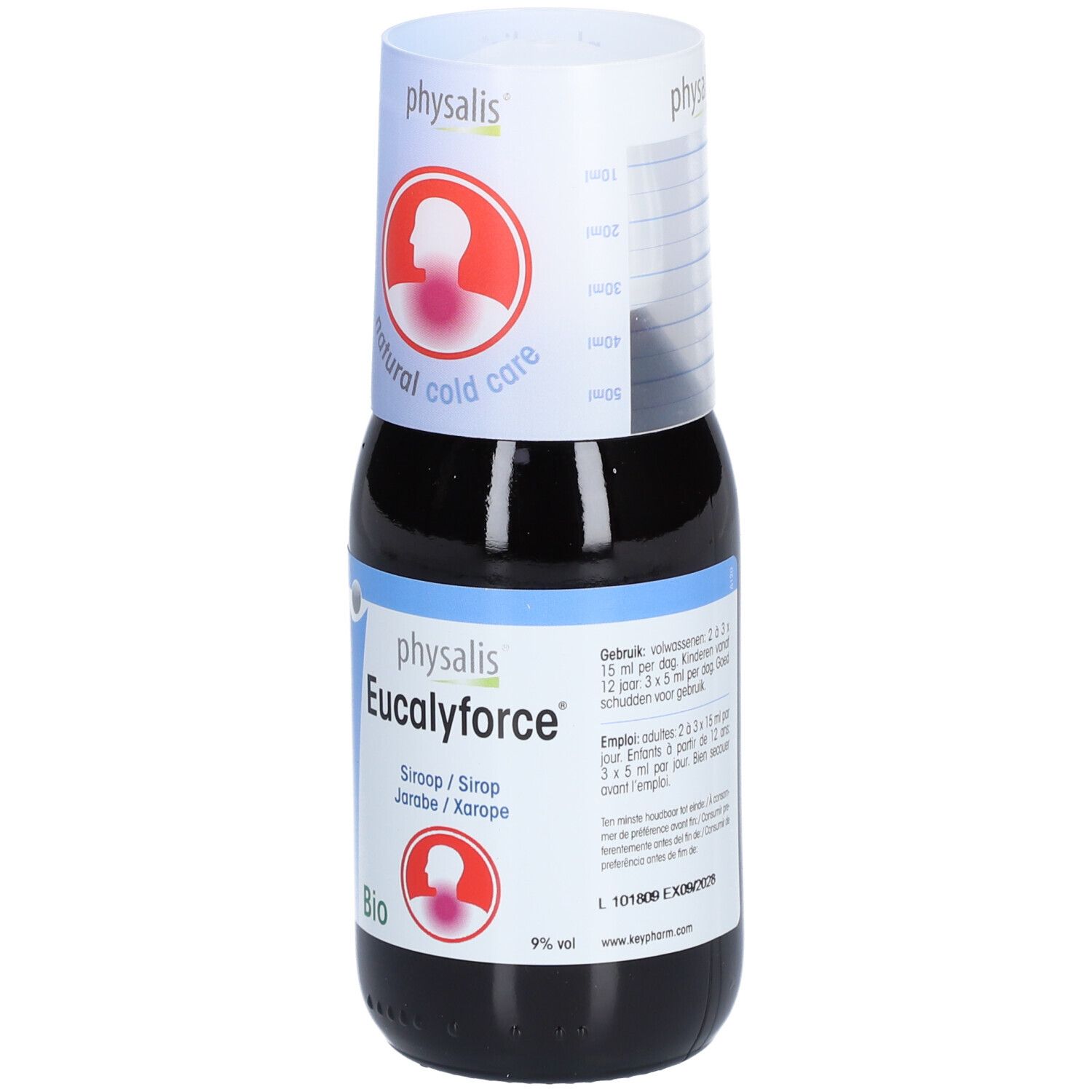 Bruine fles met witte dop. Etiket met "physalis Eucalyforce". Bio-certificering.
