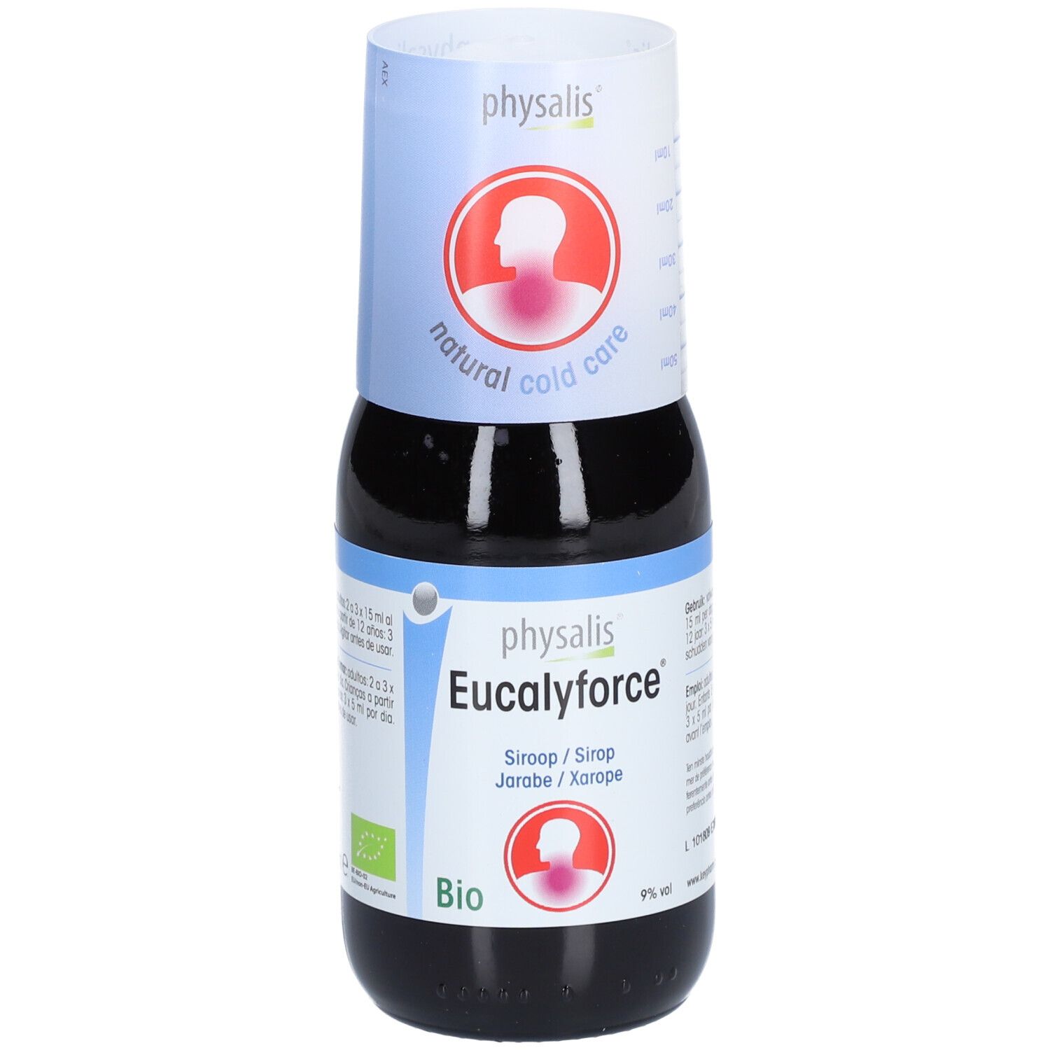 Bruine fles met witte dop. Etiket met "physalis Eucalyforce". Bio-certificering.