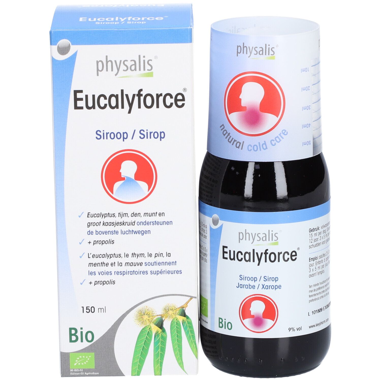 Verpakking met fles en doos. Op de doos staat "Eucalyforce". 150 ml, bio-certificering.