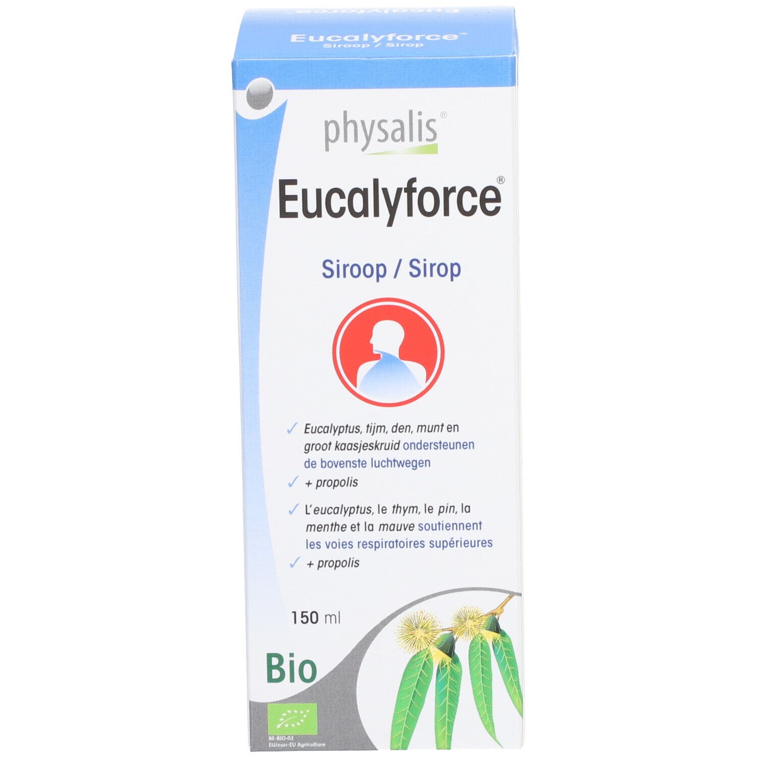 Kartonnen verpakking met "Eucalyforce" logo. 150 ml, bio-certificering. Illustratie van eucalyptus.