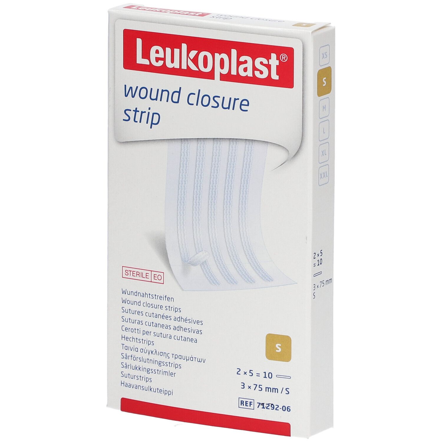 Boîte de strips de suture Leukoplast. Contient 10 strips, 3 x 75 mm. Stérile.