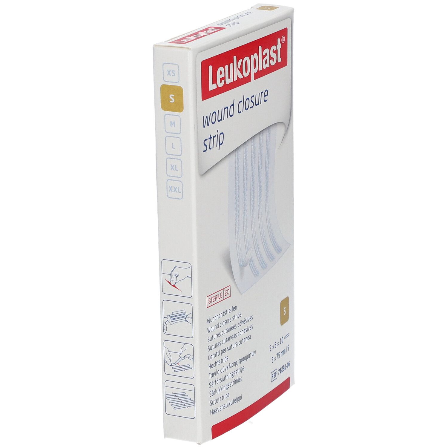 Boîte de strips de suture Leukoplast, vue latérale. Contient 10 strips, 3 x 75 mm. Stérile.