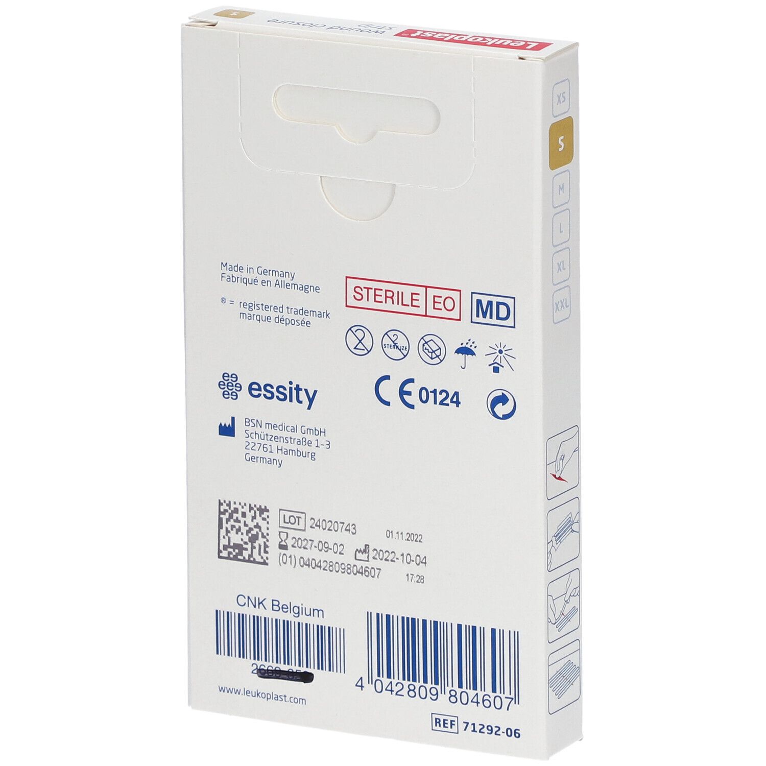 Dos de la boîte de strips de suture Leukoplast. Informations fabricant, numéro de lot et certification.
