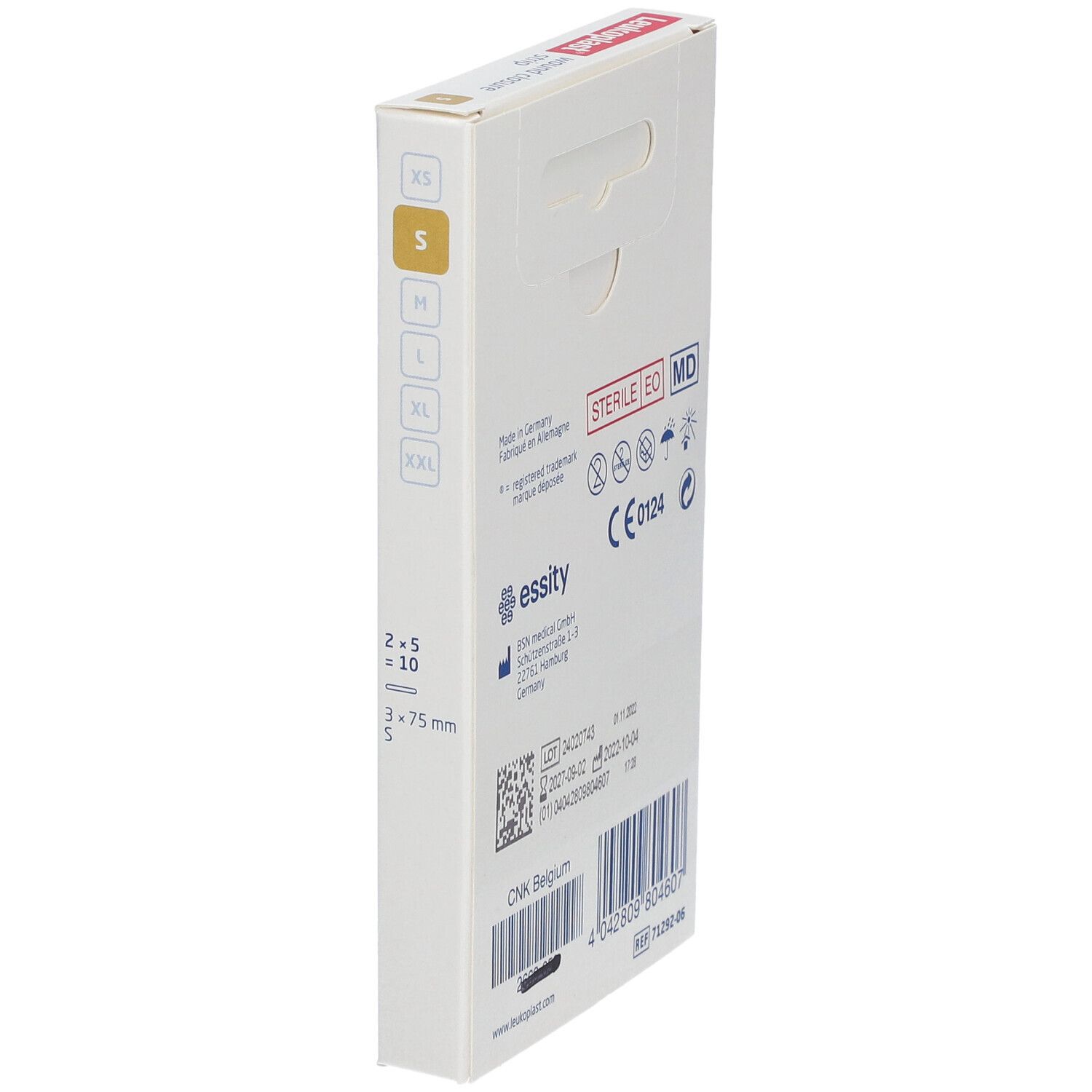 Vue latérale de la boîte de strips de suture Leukoplast. Informations fabricant, numéro de lot et certification.