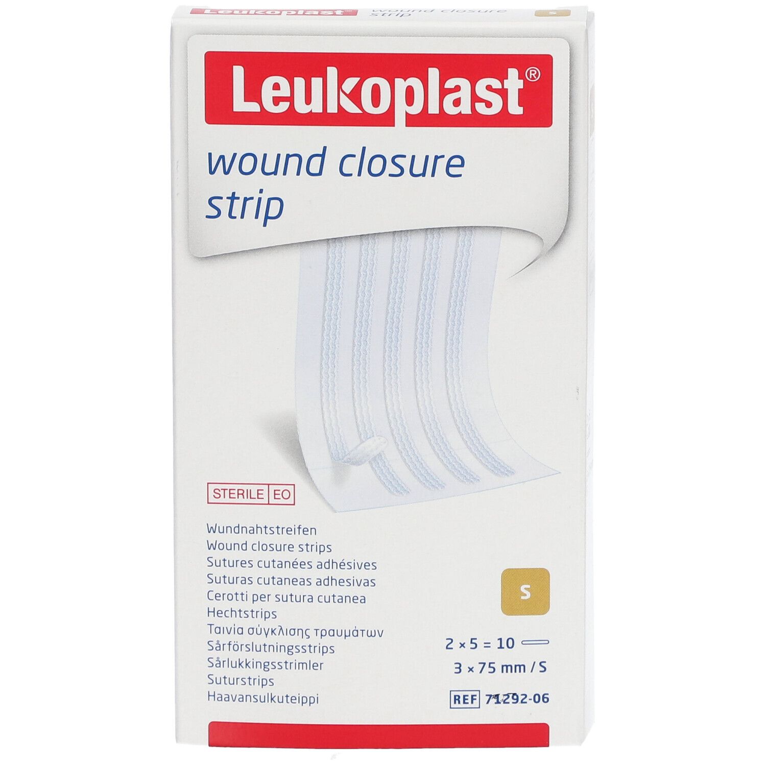 Boîte de strips de suture Leukoplast. Contient 10 strips, 3 x 75 mm. Stérile.
