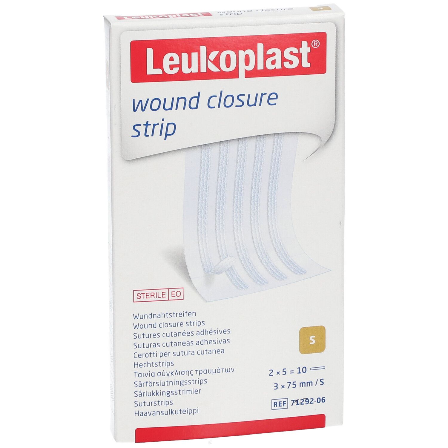 Boîte de strips de suture Leukoplast. Contient 10 strips, 3 x 75 mm. Stérile.