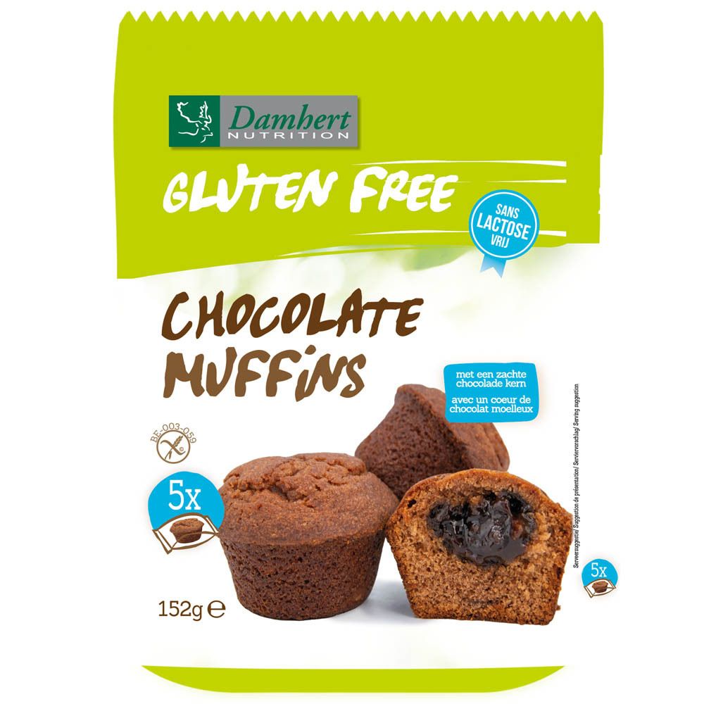 Paquet de muffins au chocolat sans gluten. Marque Damhert Nutrition. Inscription : Sans gluten, sans lactose. Représentation de muffins.