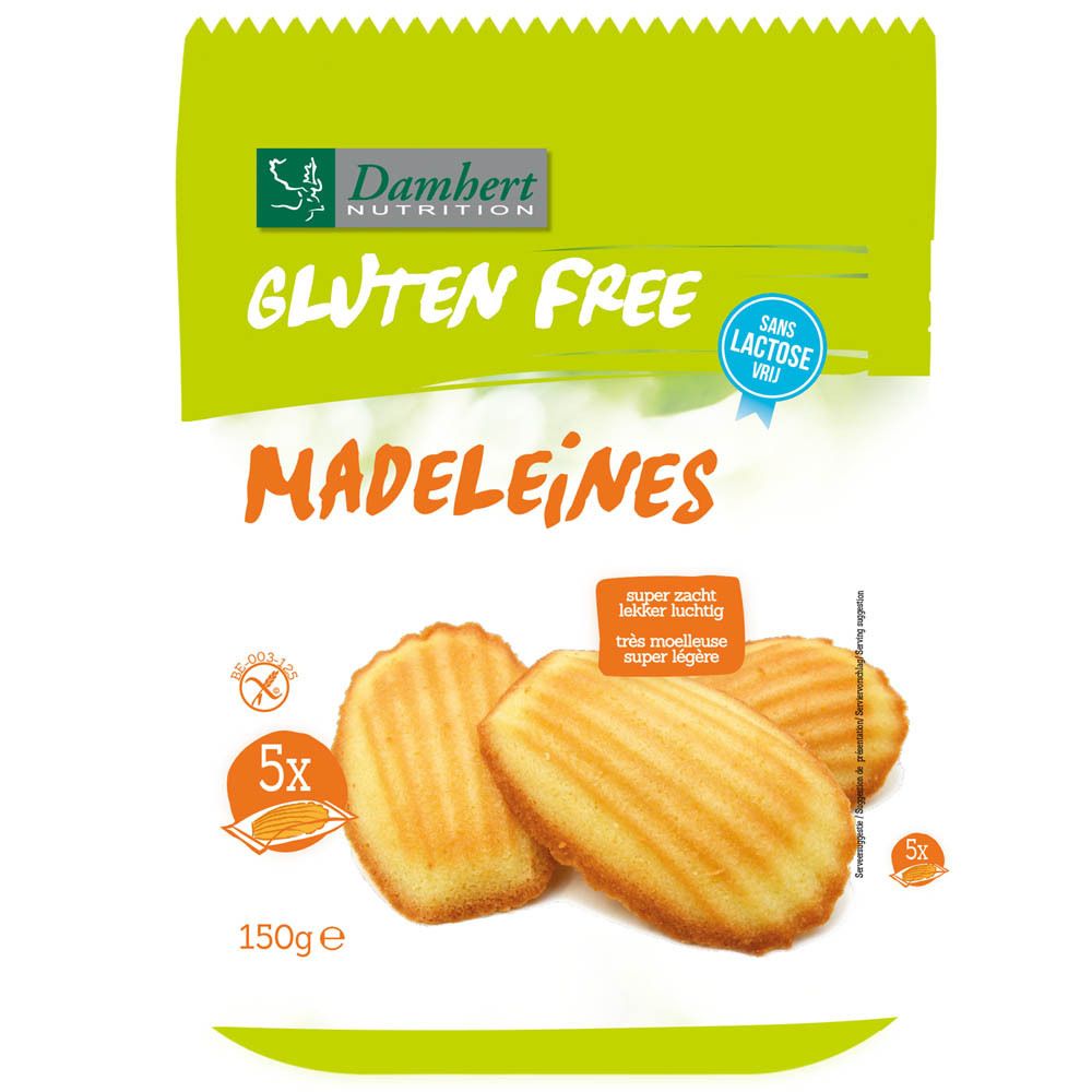 Paquet de madeleines sans gluten. Inscriptions: Gluten Free, Sans Lactose, 5 pièces, 150g. 3 madeleines sont visibles.