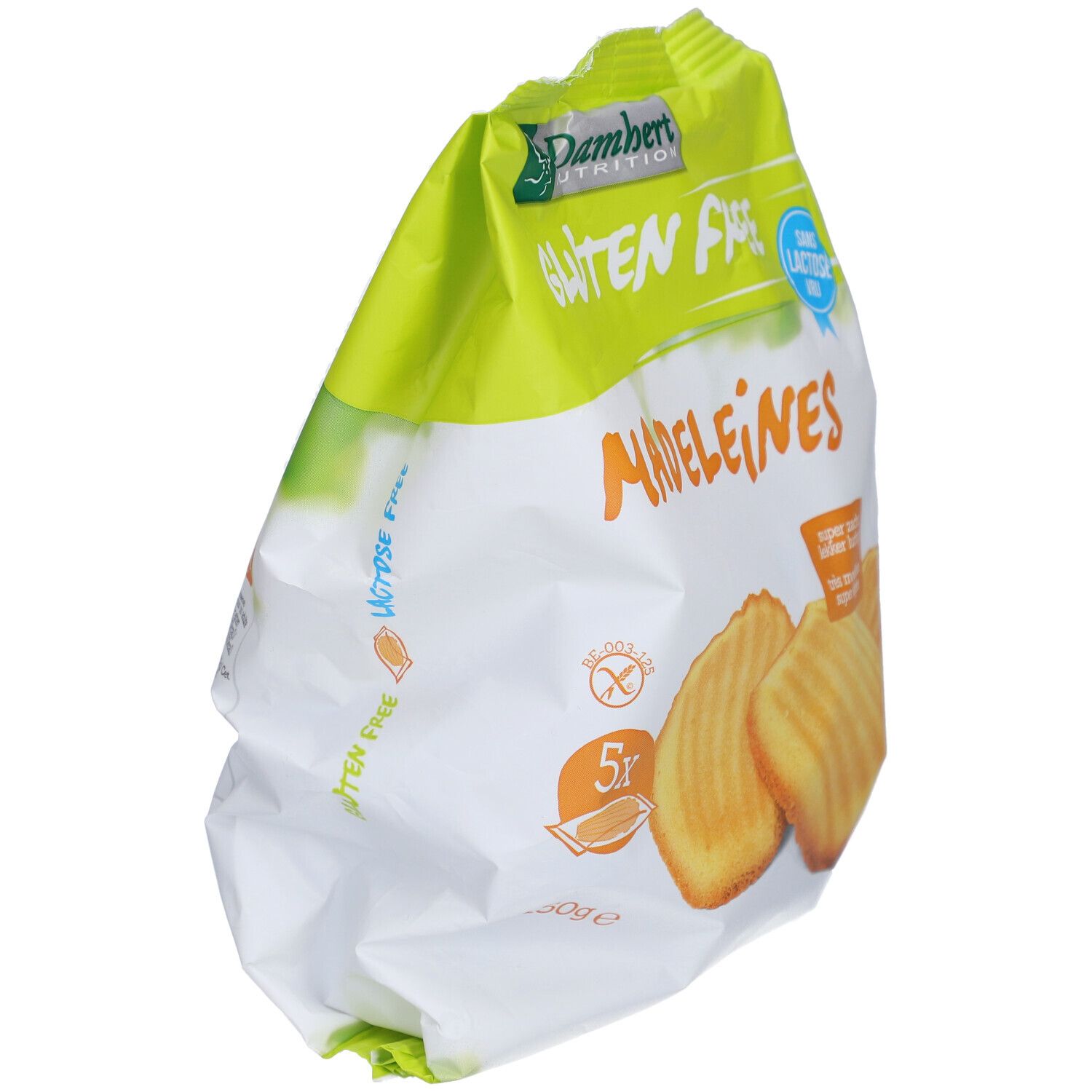 Paquet de madeleines sans gluten en biais. Inscriptions: Gluten Free, Sans Lactose, 5 pièces. 3 madeleines sont visibles.