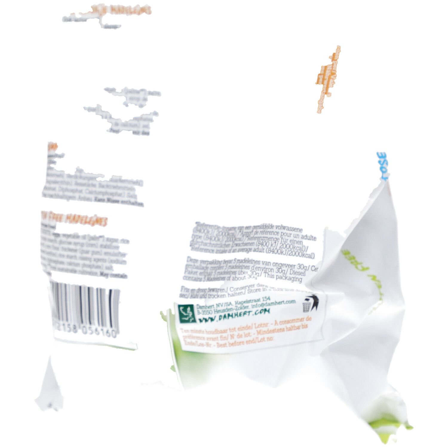 Emballage froissé avec informations. Inscription: Gluten Free. Code-barres et autres informations visibles.