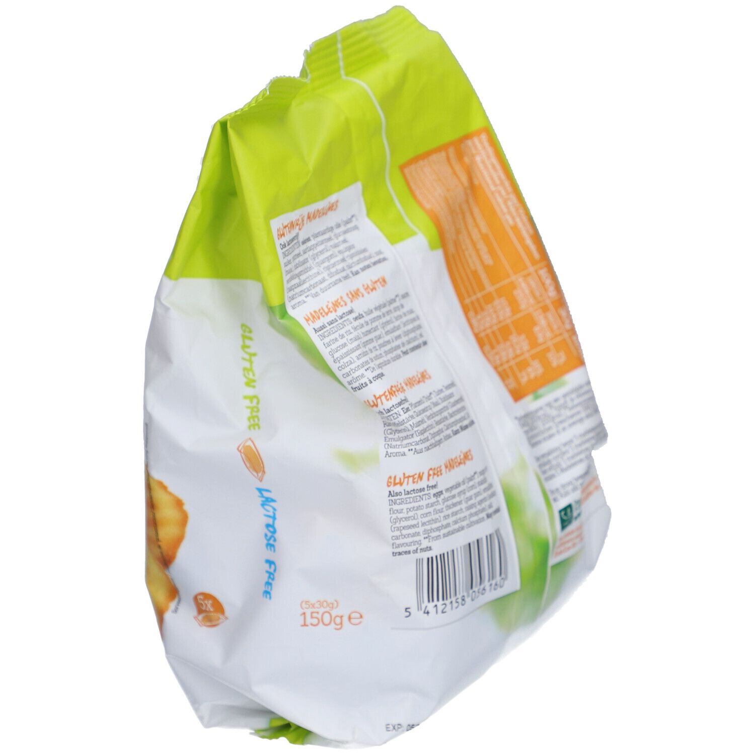 Emballage en biais avec informations. Inscriptions: Gluten Free, Sans Lactose. Code-barres et autres informations.