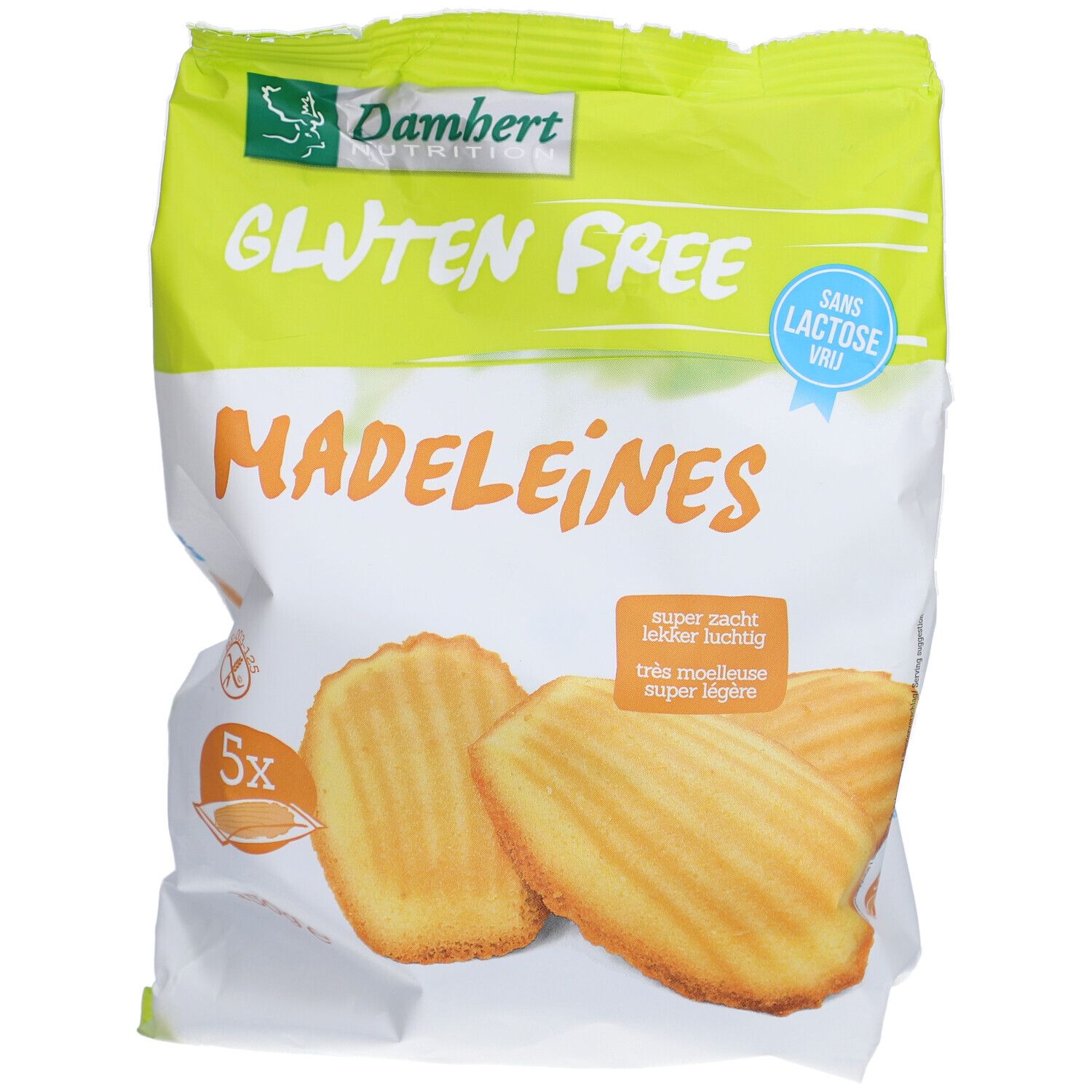 Paquet de madeleines sans gluten. Inscriptions: Gluten Free, Sans Lactose, 5 pièces. 3 madeleines sont visibles.