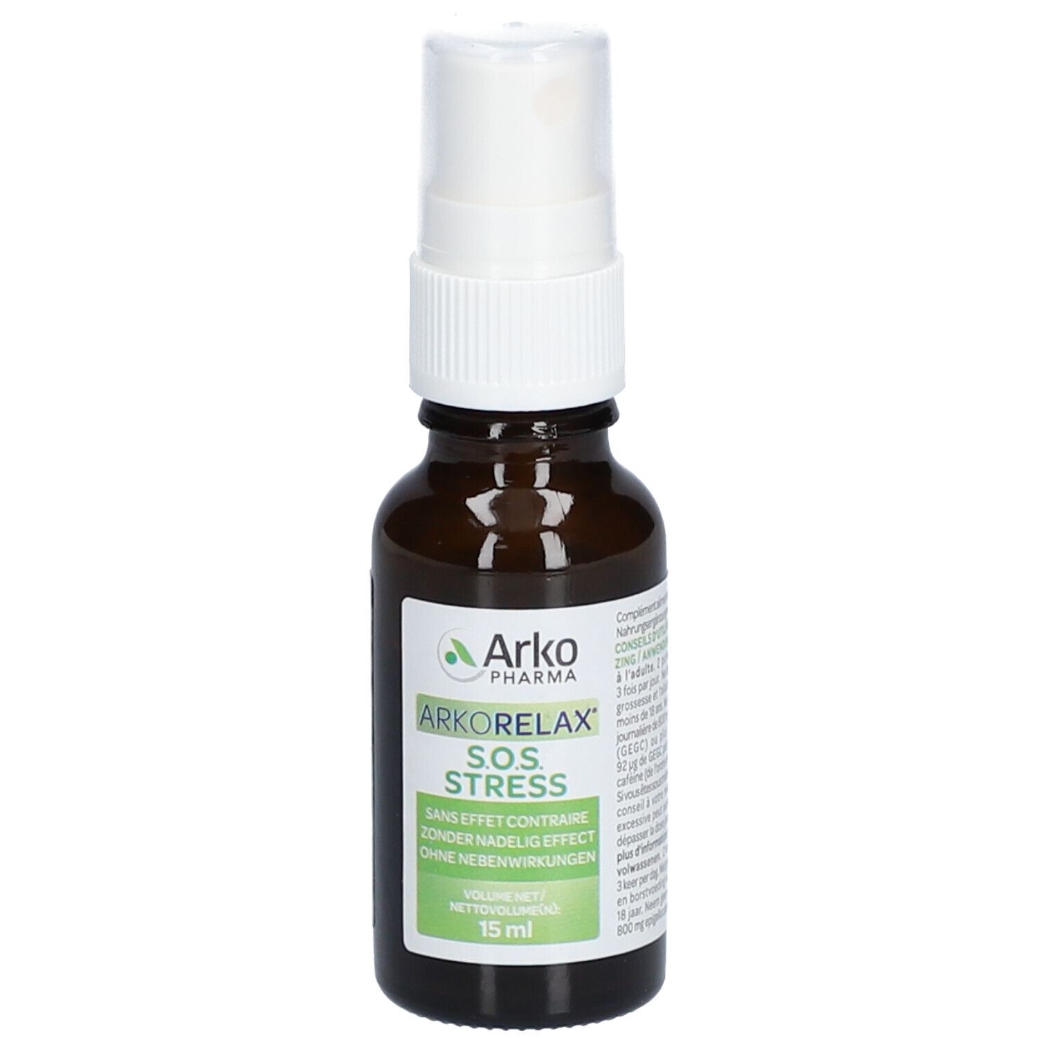 Bruine glazen fles met witte spraykop. Etiket met productnaam en informatie. 15 ml.