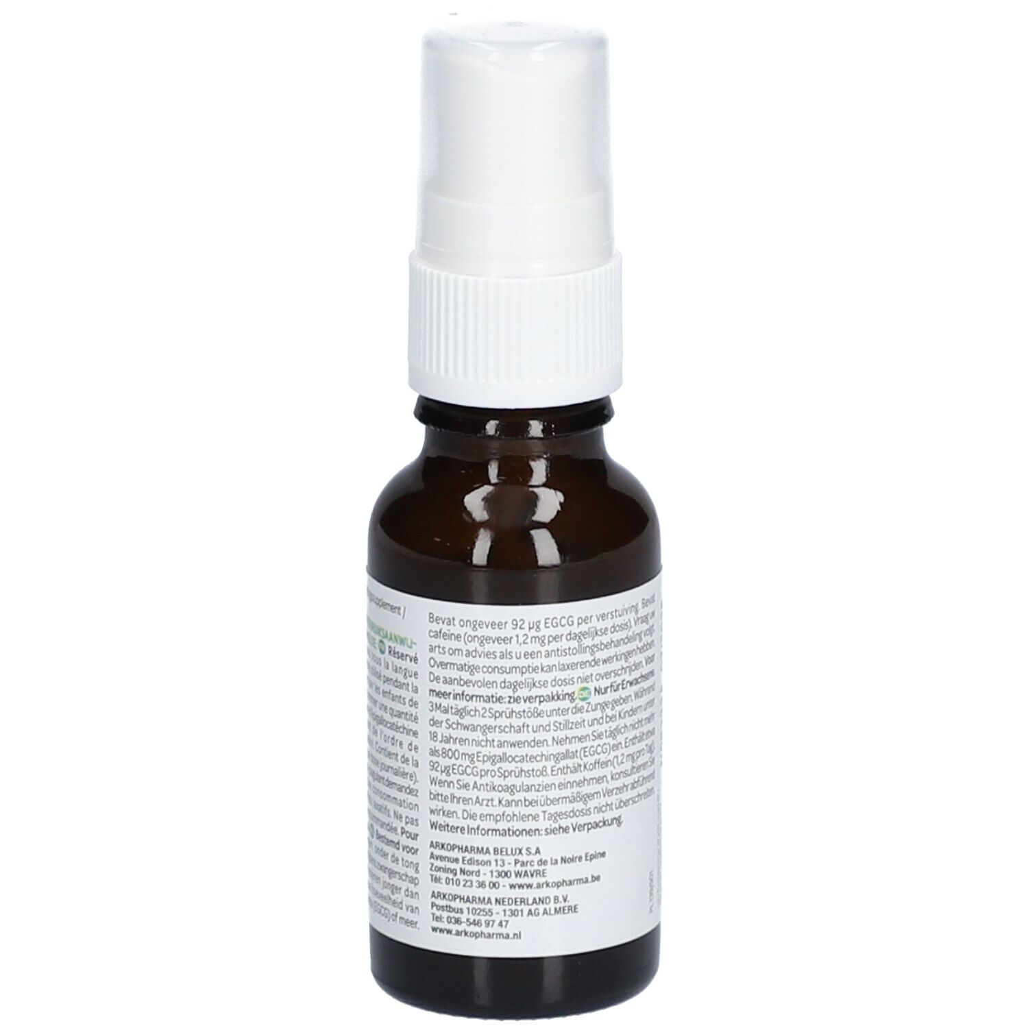 Achteraanzicht van de bruine glazen fles met witte spraykop. Etiket met productinformatie en tekst.