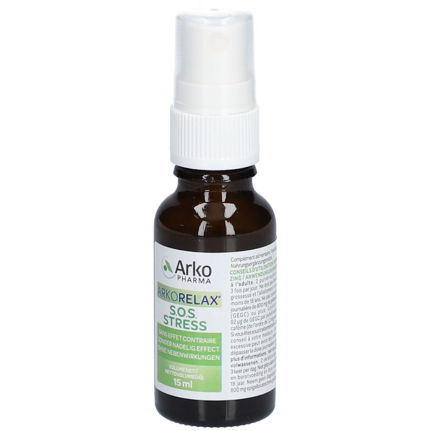 Bruine glazen fles met witte spraykop. Etiket met productnaam en informatie. 15 ml.