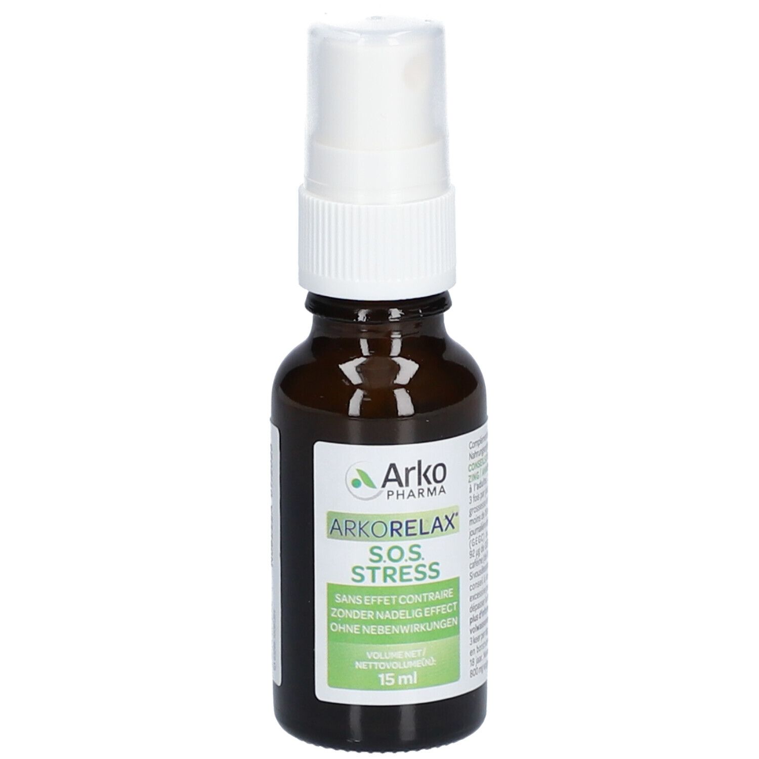 Bruine glazen fles met witte spraykop. Etiket met productnaam en informatie. 15 ml.