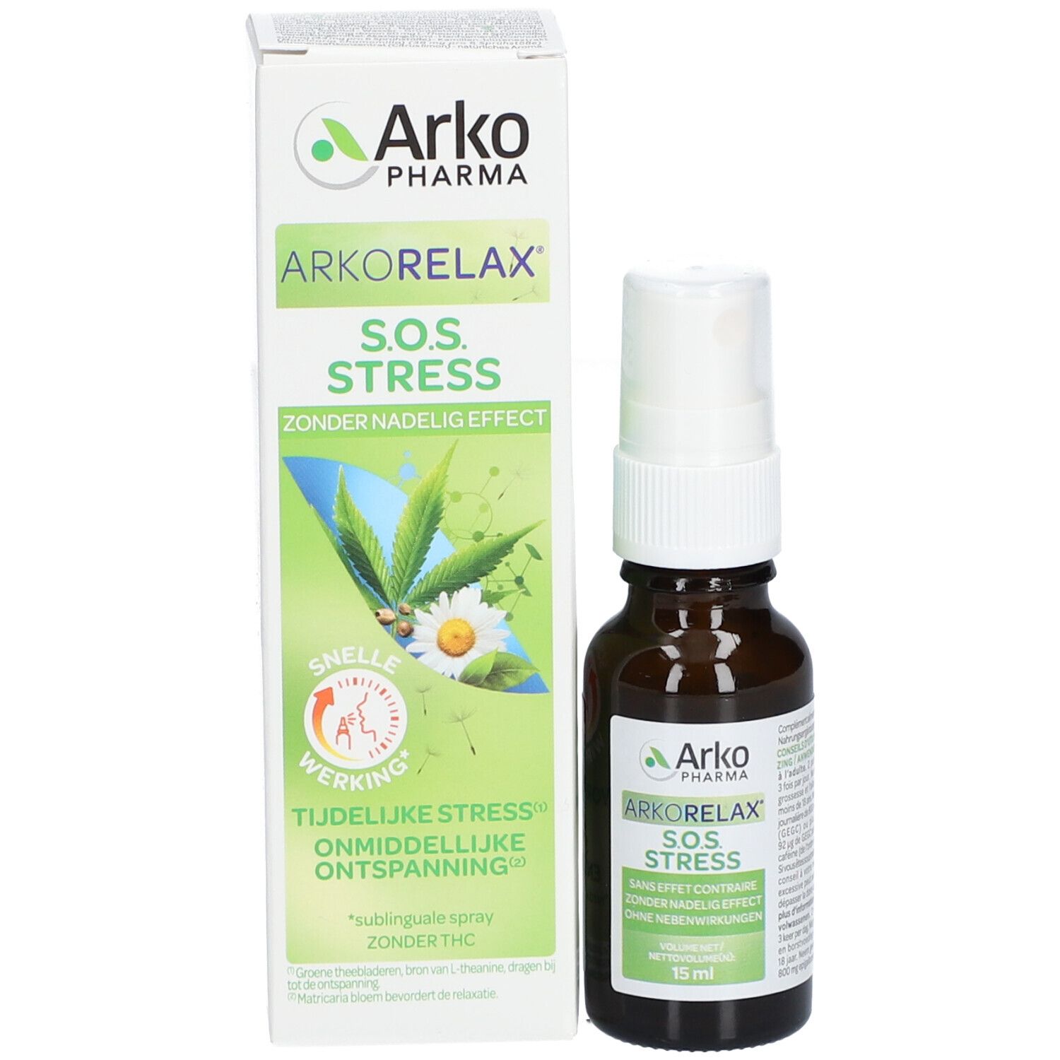 Productverpakking met fles en doos. Doos met productnaam, logo en afbeeldingen. Fles met spraykop.