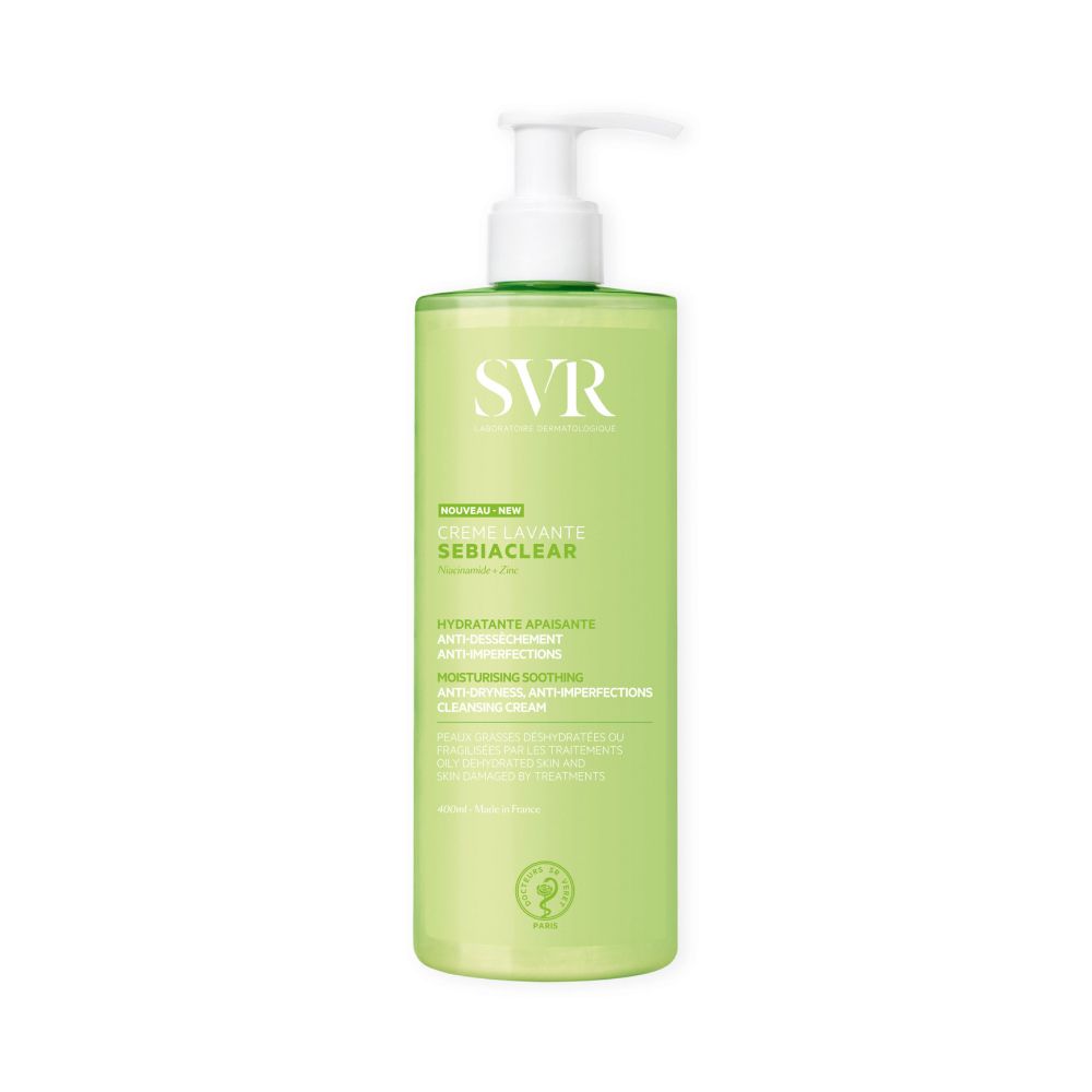 Groene fles met witte pomp. Opschrift SVR, Crème Lavante Sebiaclear. Franse tekst.