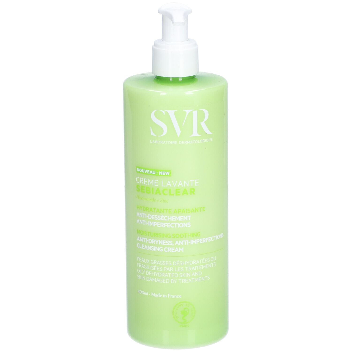 Groene fles met witte pomp. Opschrift SVR, Crème Lavante Sebiaclear. Franse tekst.
