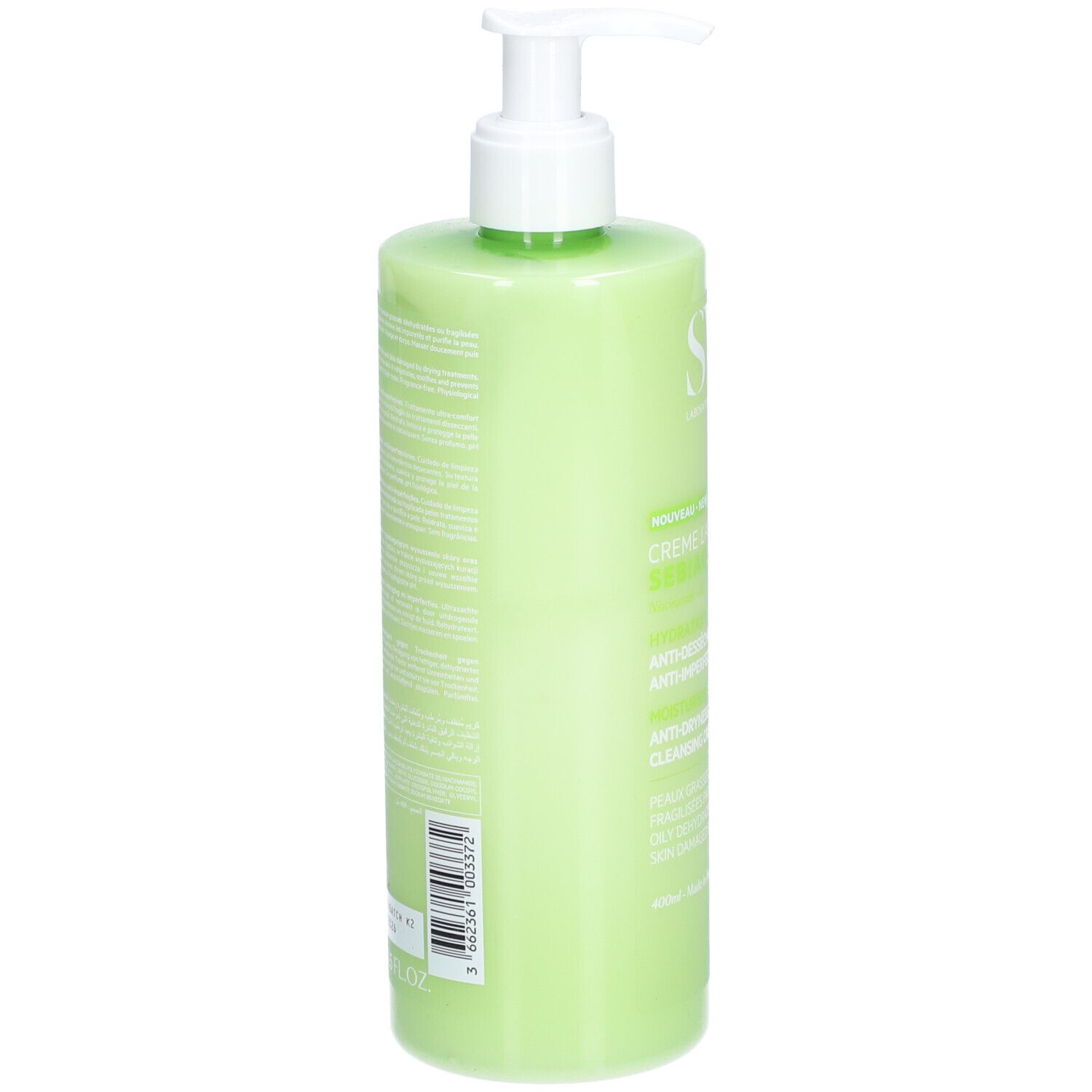 Groene fles met witte pomp. Achterkant met tekst. Merk SVR, productnaam Sebiaclear.