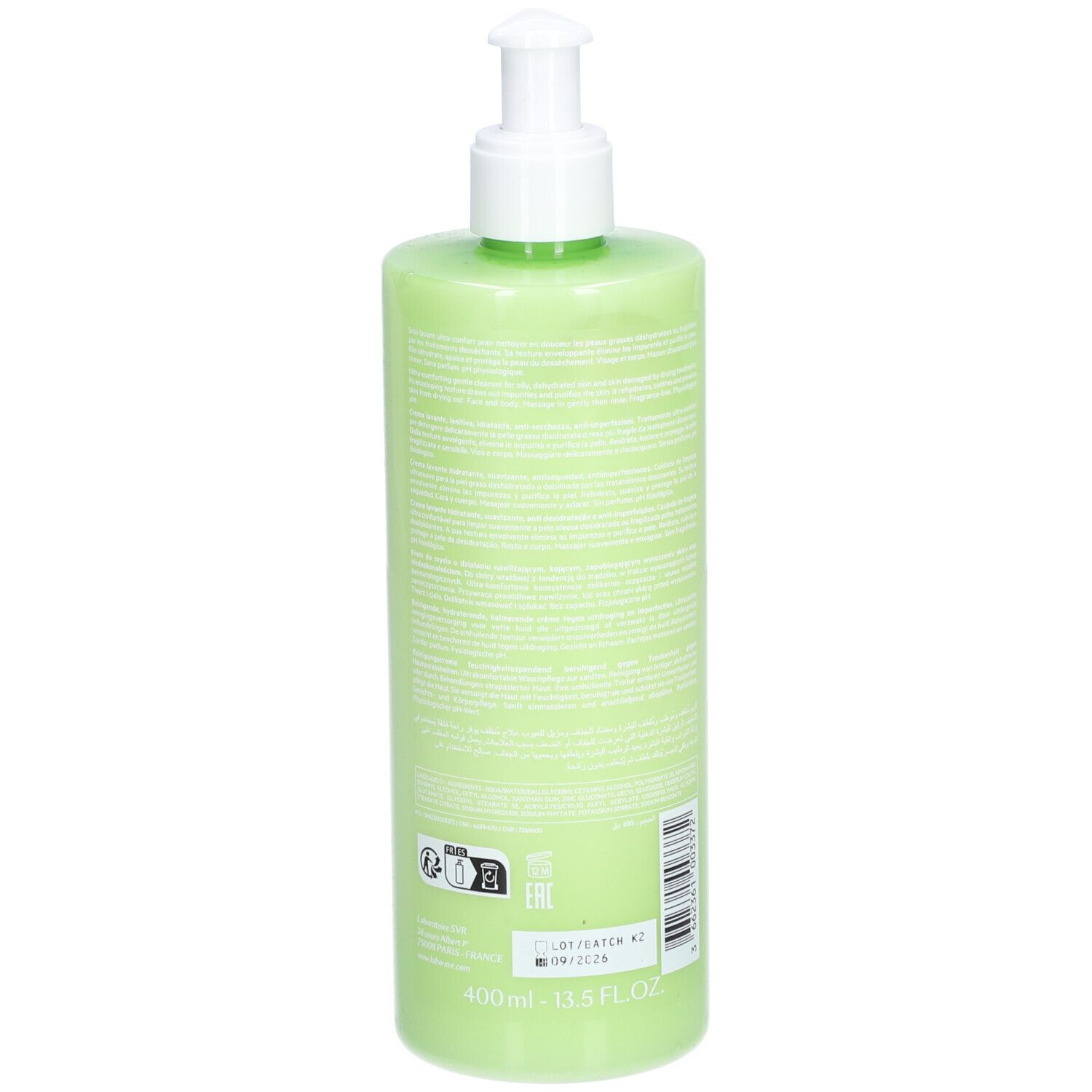 Groene fles met witte pomp. Achterkant met tekst en barcode. Merk SVR, productnaam Sebiaclear.