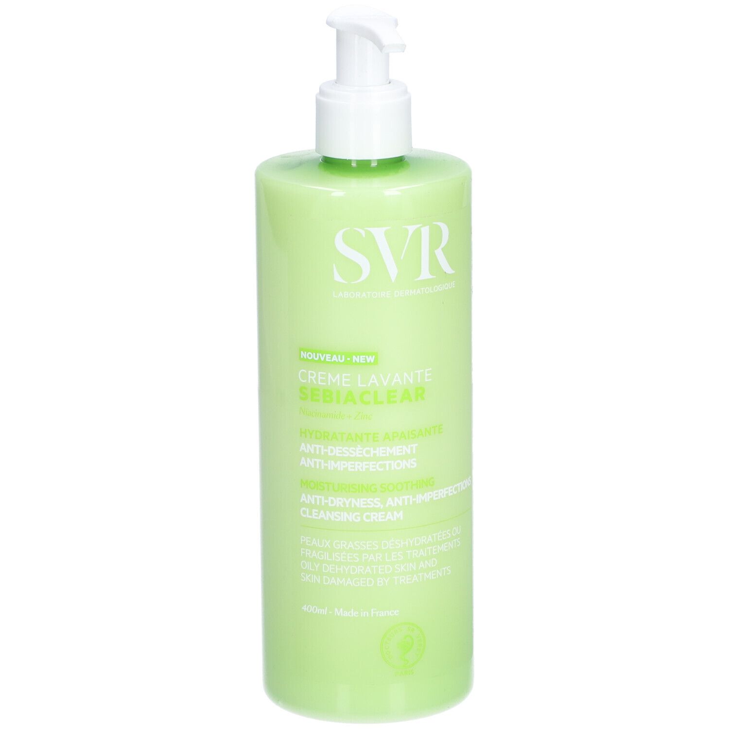 Groene fles met witte pomp. Opschrift SVR, Crème Lavante Sebiaclear. Franse tekst.