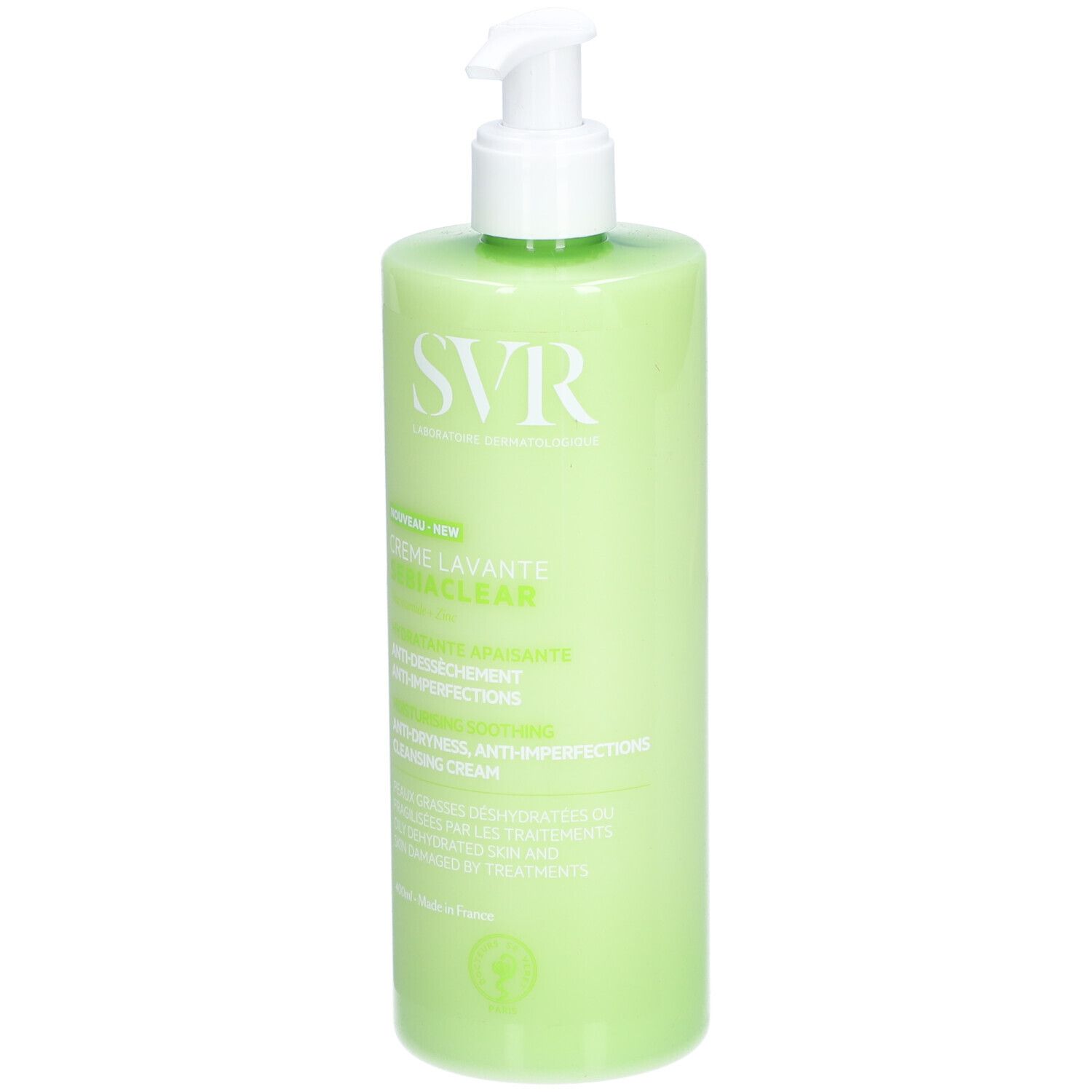 Groene fles met witte pomp. Opschrift SVR, Crème Lavante Sebiaclear. Franse tekst.