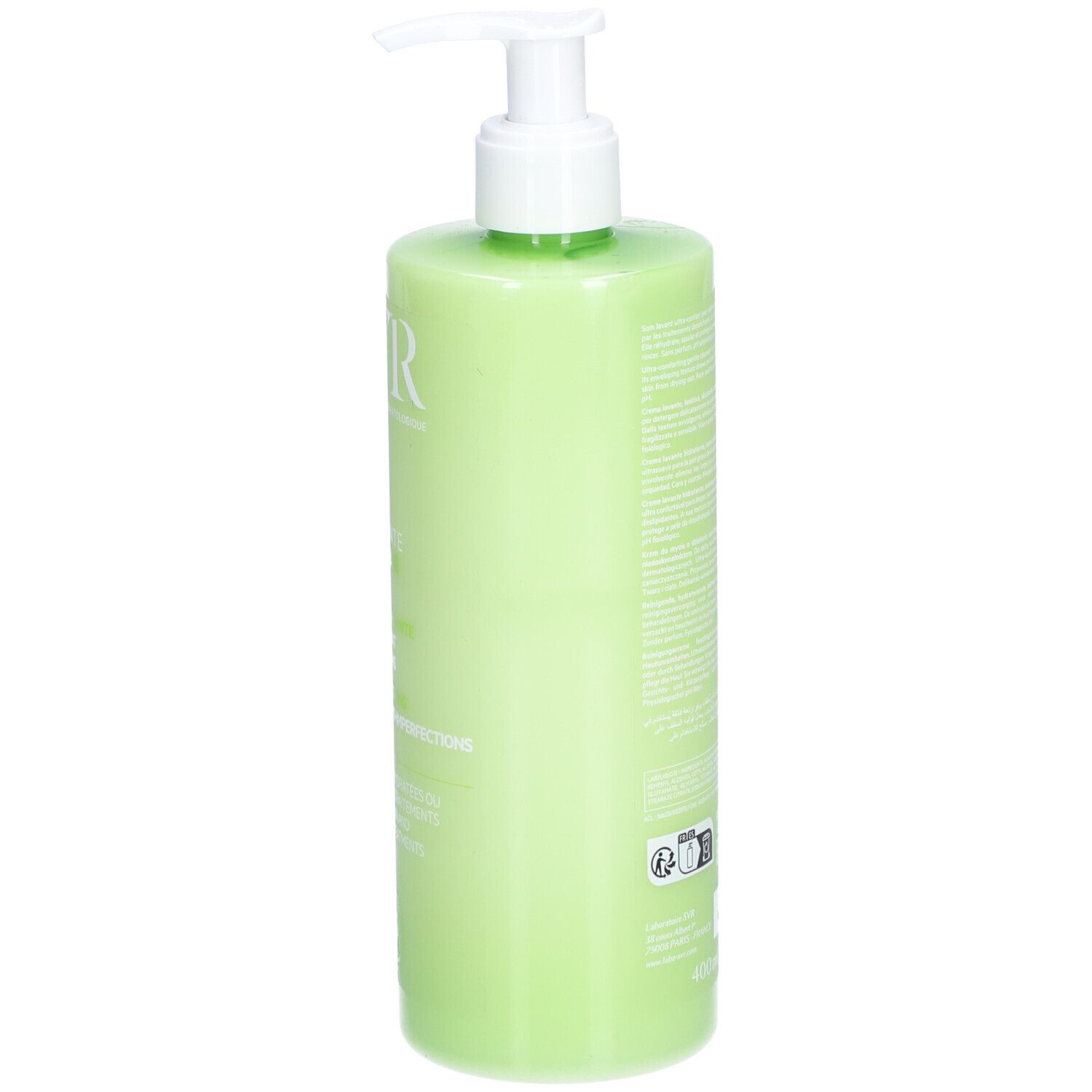 Groene fles met witte pomp. Opschrift SVR, Crème Lavante Sebiaclear. Franse tekst.