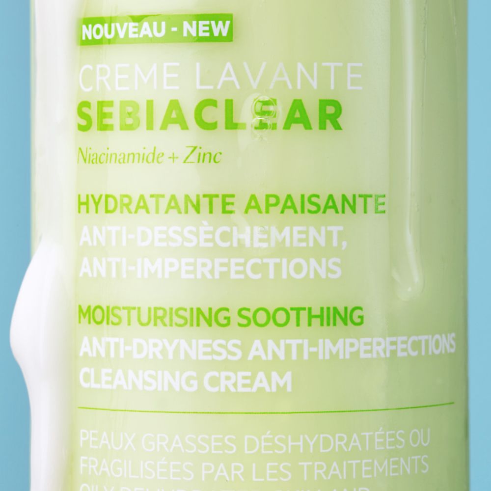 Close-up van het product. Opschrift SVR, Crème Lavante Sebiaclear. Franse tekst.