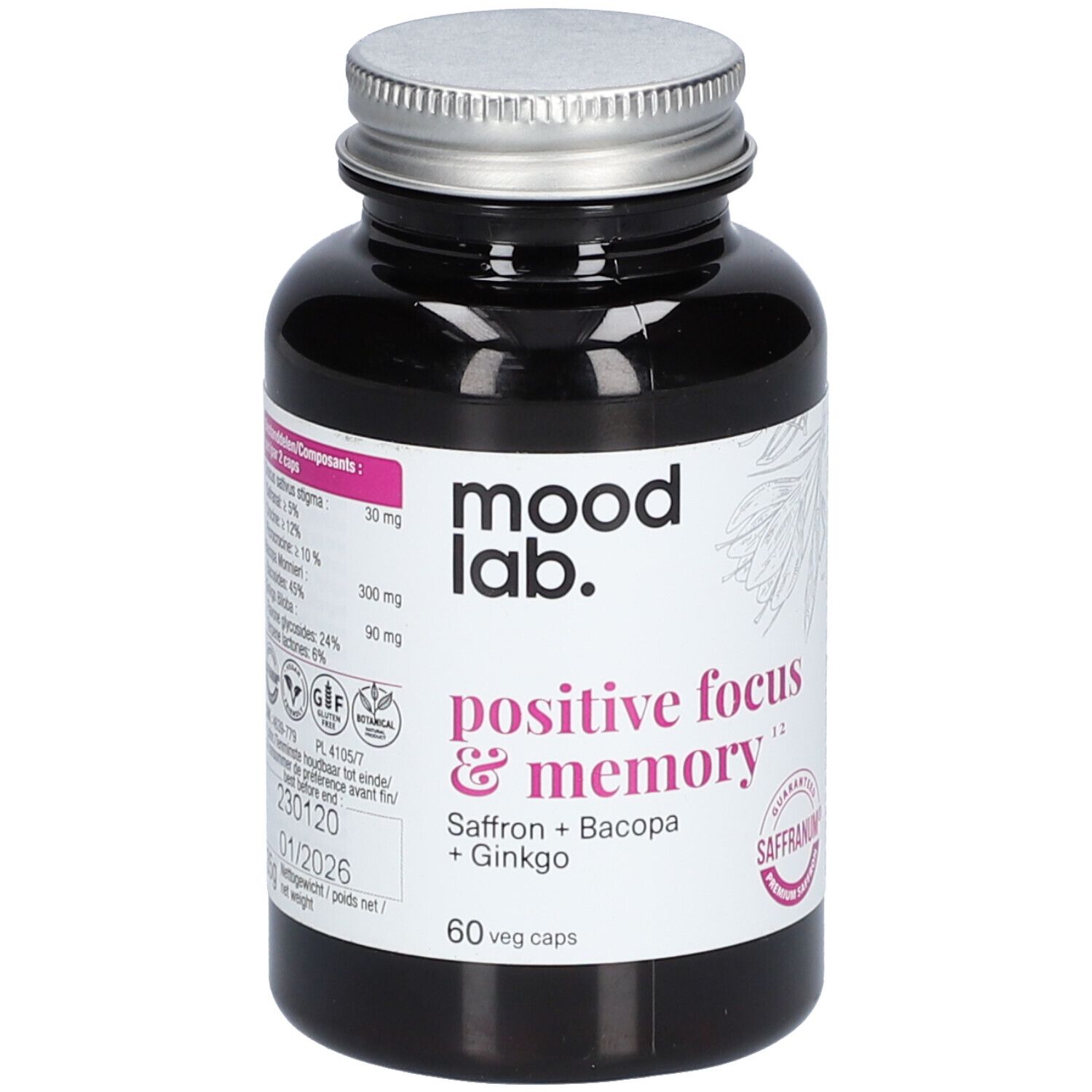 Flacon noir avec couvercle argenté. Inscription : Moodlab, Positive Focus & Memory, 60 veg caps. Contient du safran, bacopa, ginkgo.