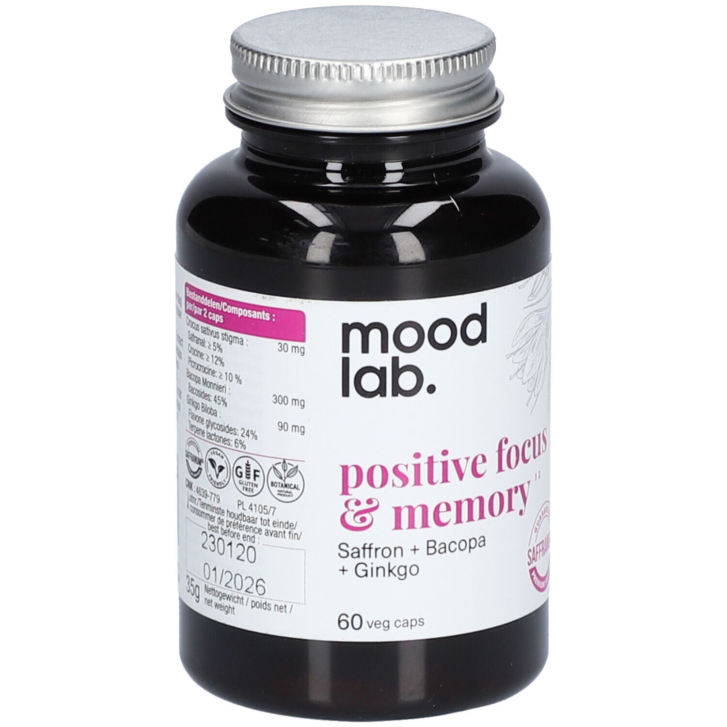 Flacon noir avec couvercle argenté. Inscription : Moodlab, Positive Focus & Memory, 60 veg caps. Contient du safran, bacopa, ginkgo.