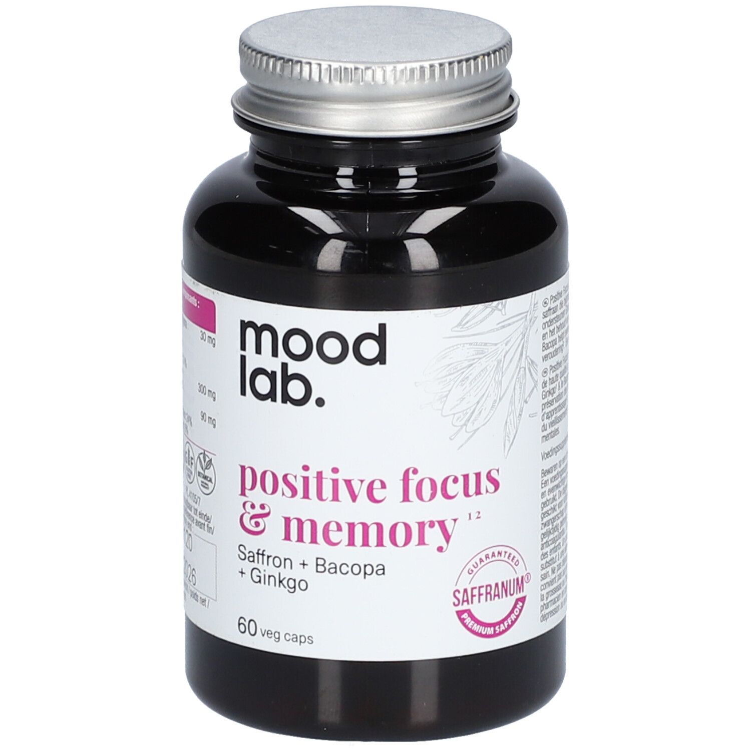Flacon noir avec couvercle argenté. Inscription : Moodlab, Positive Focus & Memory, 60 veg caps. Contient du safran, bacopa, ginkgo.